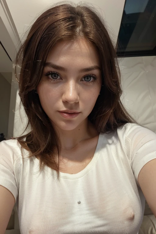 (selfie, top view: 1.4), (straight half of the body: 1.4), RAW UHD portrait photo of a 28-year-old redhead (green-eyed woman) in a hotel bedroom, medium breasts,, (white crew neck t-shirt skirt), (neckline), details (textures! , hair! , glitter, color!! , disadvantages: 1.1), glossy eyes with high detail (looking at the camera), SLR lighting, SLR camera, ultra-quality, sharpness, depth of field, film grain (center), Fujifilm XT3, crystal clear, frame center, beautiful face, sharp focus, (night sky), detailed skin pores, oily skin, sunburn, complex eye details, full body, medium breasts