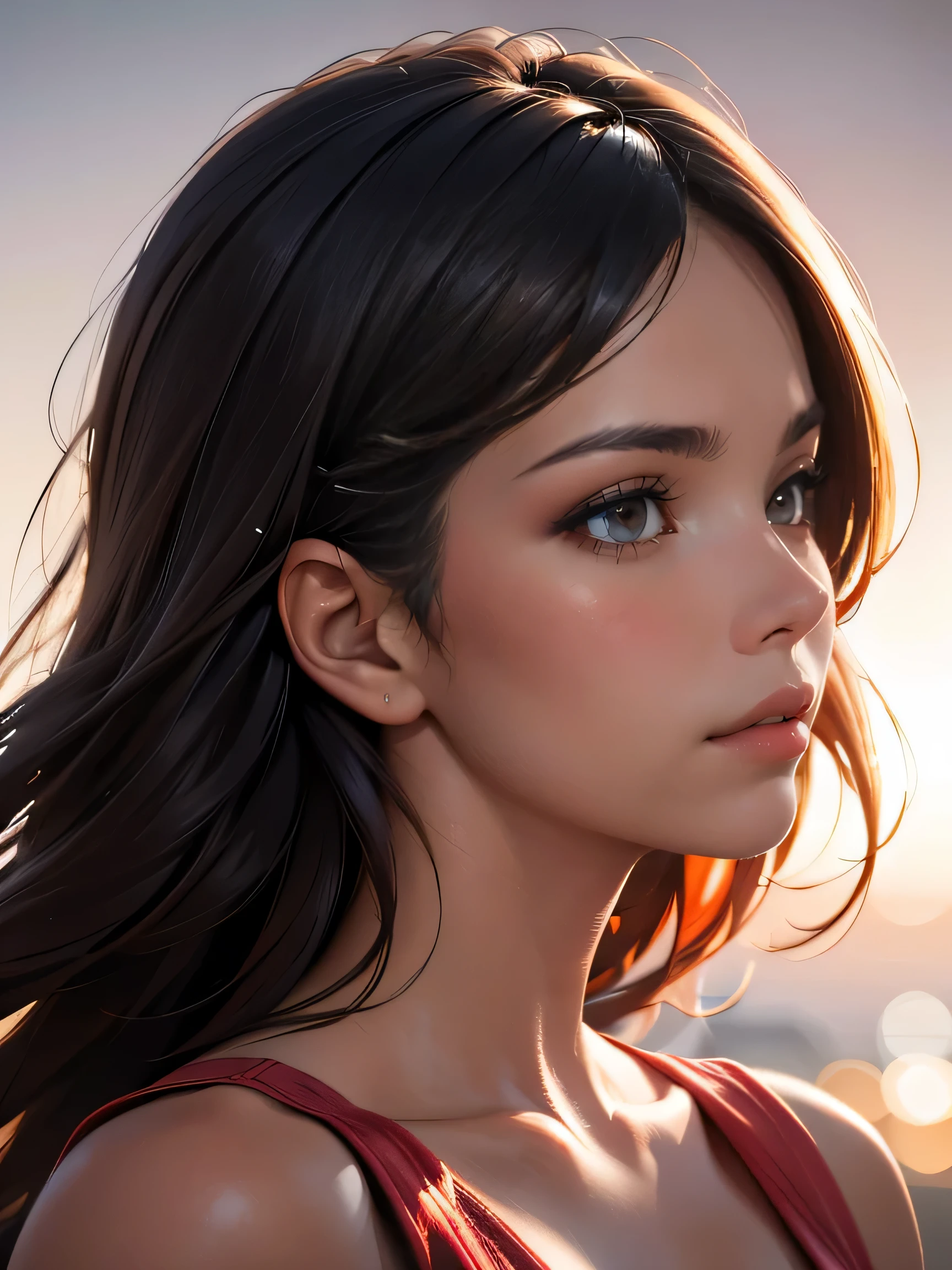 (((HD photo))), ultra high res.photorealistic:. 1.4, UHD, masterpiece, trending on artstation, side profile shot, close up, portrait, pretty, cute girl, most beautiful in the world, soft, delicate, long dark hair, red dress, sunkissed, minimal background