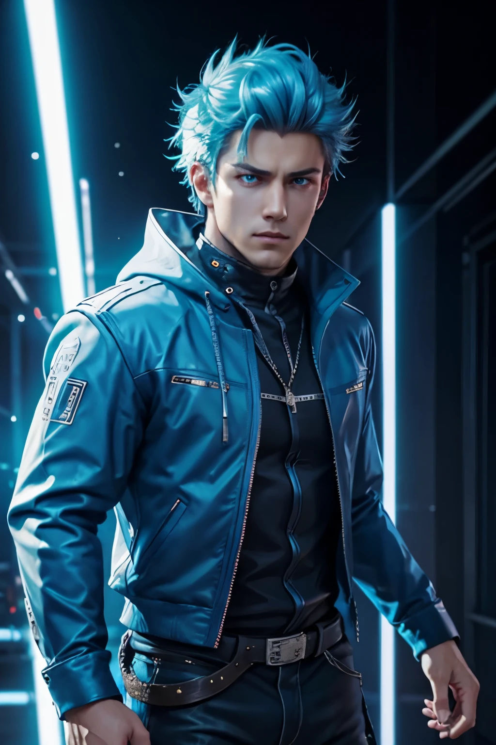 1boy,cowboy shot,cyan electricity,cyan aura,cyan lightning,condense energy in his hands,Change background cyberpunk handsome boy,realistic face,8k,ultra realistic,