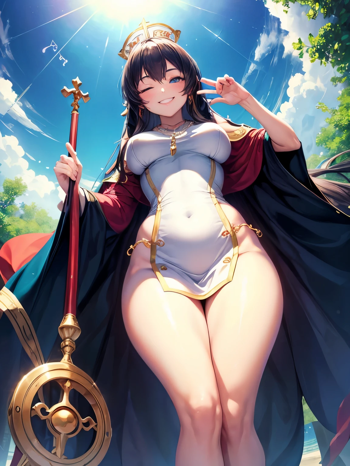 fantasy, (from below:1.4), fisheye lens, face focus, close-up, full body, 24yo beautiful 1girl, priest, (impossible clothes), curvy, skindantation, (leaning forward:1.3), Hold your tall staff with both hands, victory pose, 宝石の付いたゴージャスな服, (rosary necklace on chest:1), long hair, cameltoe, (smile:1.3), (one eye closed, wink), (spoken musical note:1.3), outdoor, town, (masterpiece, best quality, high resolution:1.3), perfect anatomy, perfect proportion