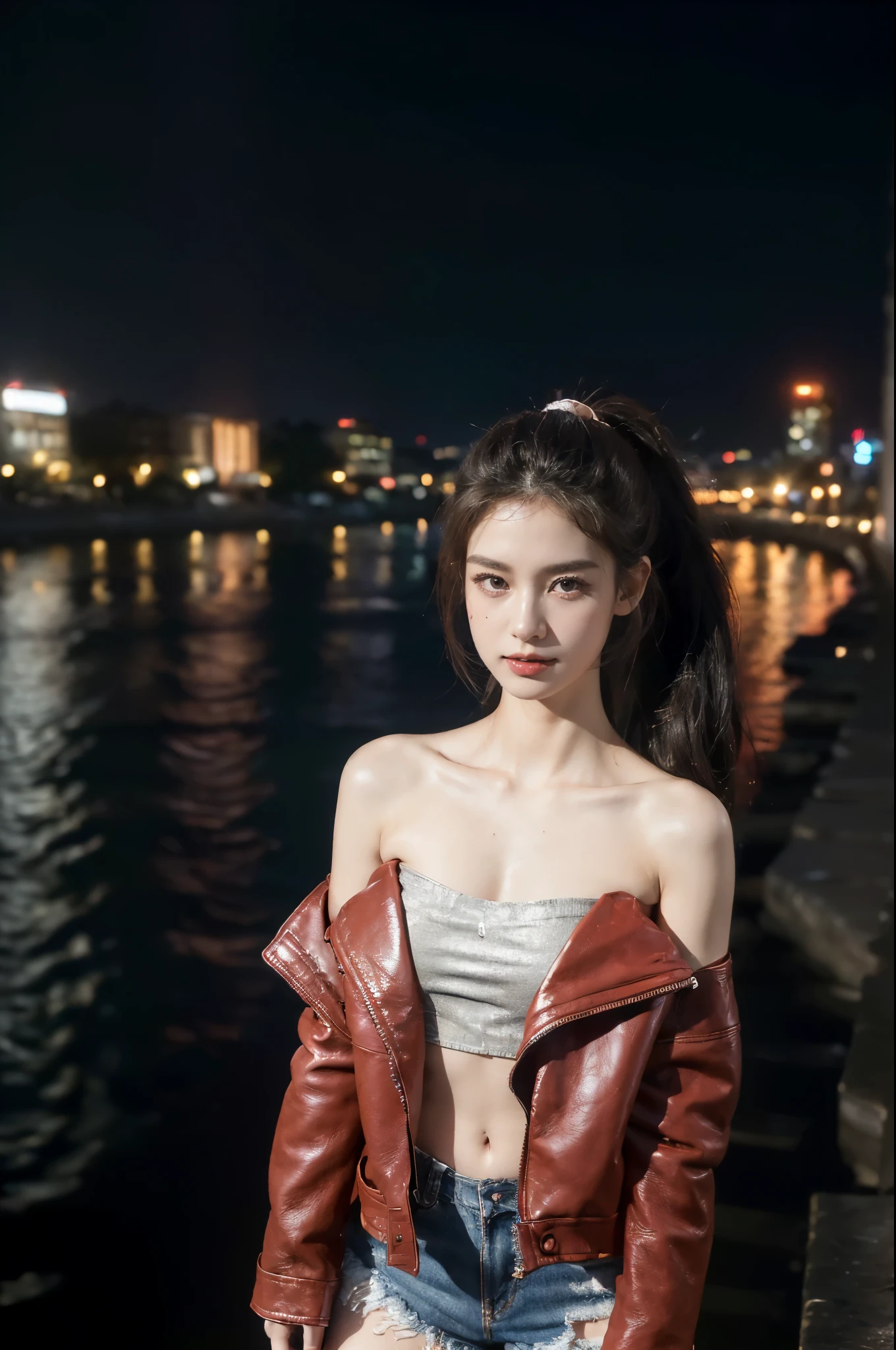 Nude, 1girl, ((full body shot)), closeup, masterpiece, (extremely intricate:1.2), woman, ultra detailed, finely detailed face, extremely detailed face young, sitting on a chair, in red bunny jacket, big breasts, pale skin, black_hair, sexy, curvy hair, medium hair, large breast, office, wearing open jacket, high quality, best quality, realistic, ultra realistic, photorealistic, looking at viewer, beautiful delicate eyes, highest quality, highres, Raw Photo, 8k, detailed eyes, highest resolution, (exquisitely detailed skin), light smile, ((red jacket, open spreading legs showing pussy)),curvy, calm lighting, perfectly drawn eyes, ((deep dark, night, dark theme:1.1)), depth of field, on a beach, hot sun, standing, large breasts,????? necklace, ((navel)), wavy hair, floating hair, winblowing hair,