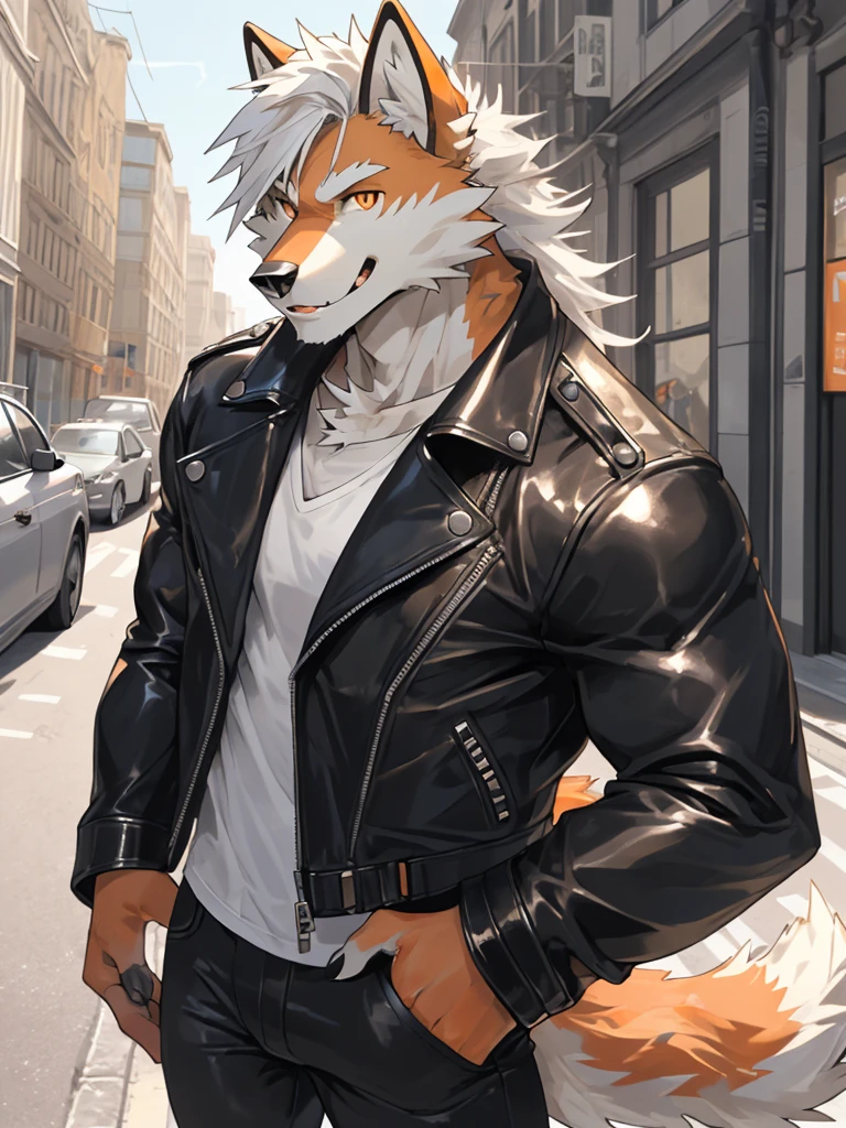 1man,Correct body structure,Correct finger structure,Correct pupil structure,single person, ((orange fur)), wolf, white hair, smile, brown pupils, wolf tail, strong, Medium length hair, Black leather jacket, black leather pants, on the street