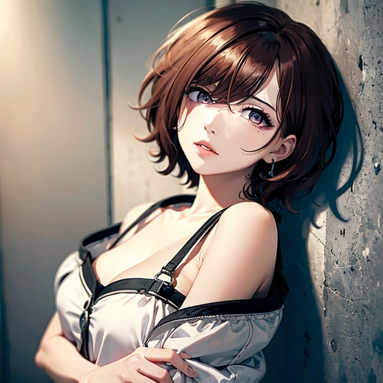 ultradetail(eye:1.7),highest quality、Highest image quality、provocative pose、beautiful cleavage、disheveled clothing、slender、Humiliated face、、ultradetail、small breasts、leaning against the wall