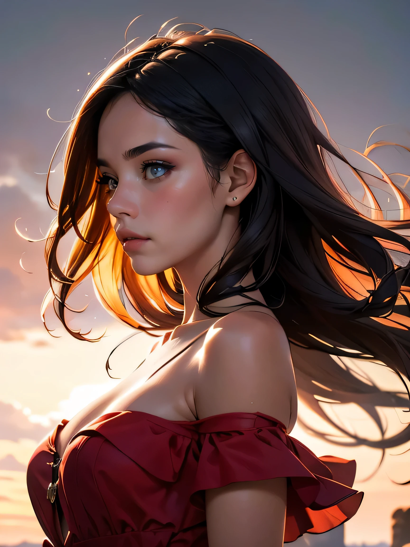 (((HD photo))), ultra high res.photorealistic:. 1.4, UHD, masterpiece, trending on artstation, side profile shot, close up, portrait, pretty, cute girl, most beautiful in the world, soft, delicate, long dark hair, red dress, sunkissed, minimal background