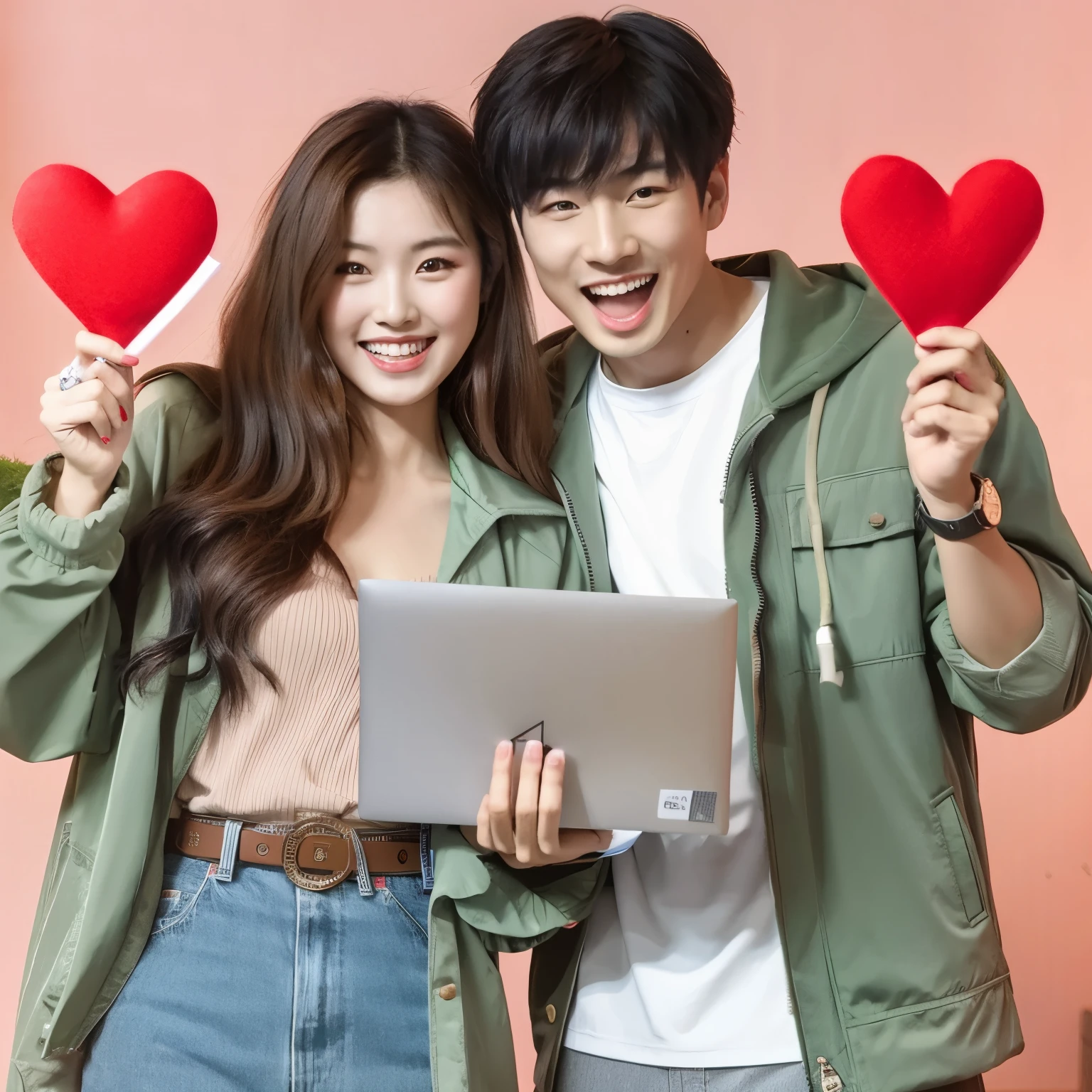 A chinese man and a chinese woman are standing together, each holding up a red heart. The woman is wearing a green jacket and blue shorts, while the man has on a brown jacket. They are both wide smiling as they pose for the picture. In front of them is an open laptop computer, possibly indicating that they are working or studying together.