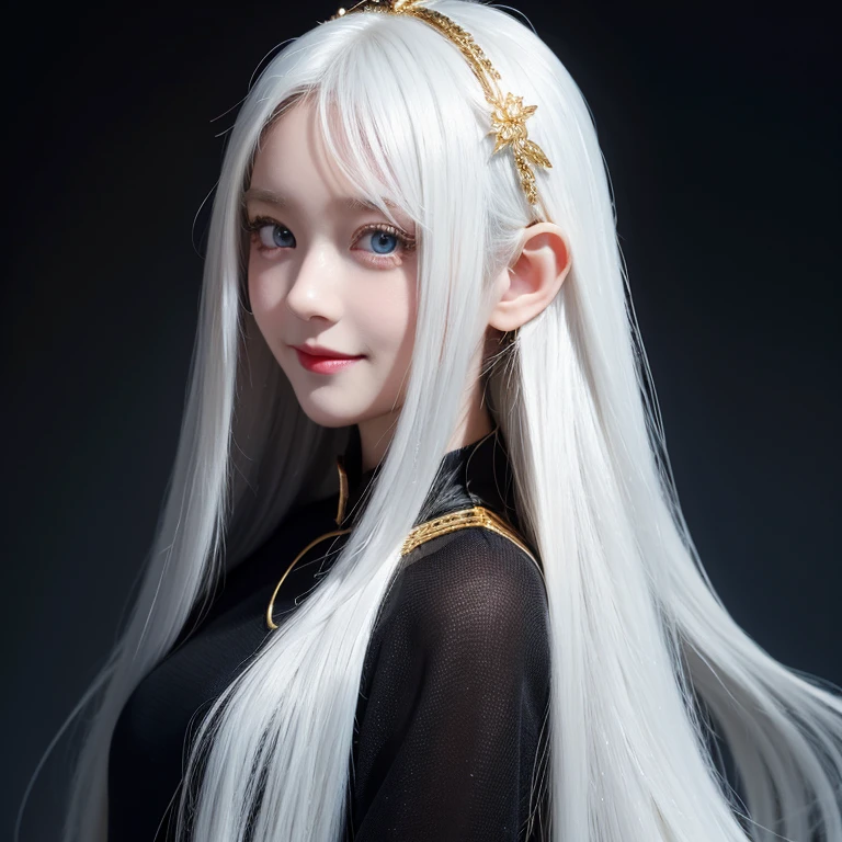 long white hair，black dress，blue pupils，Golden vertical pupils，loli，Smile，whole body，individual，petite，Exquisite，Beautiful and clear facial features