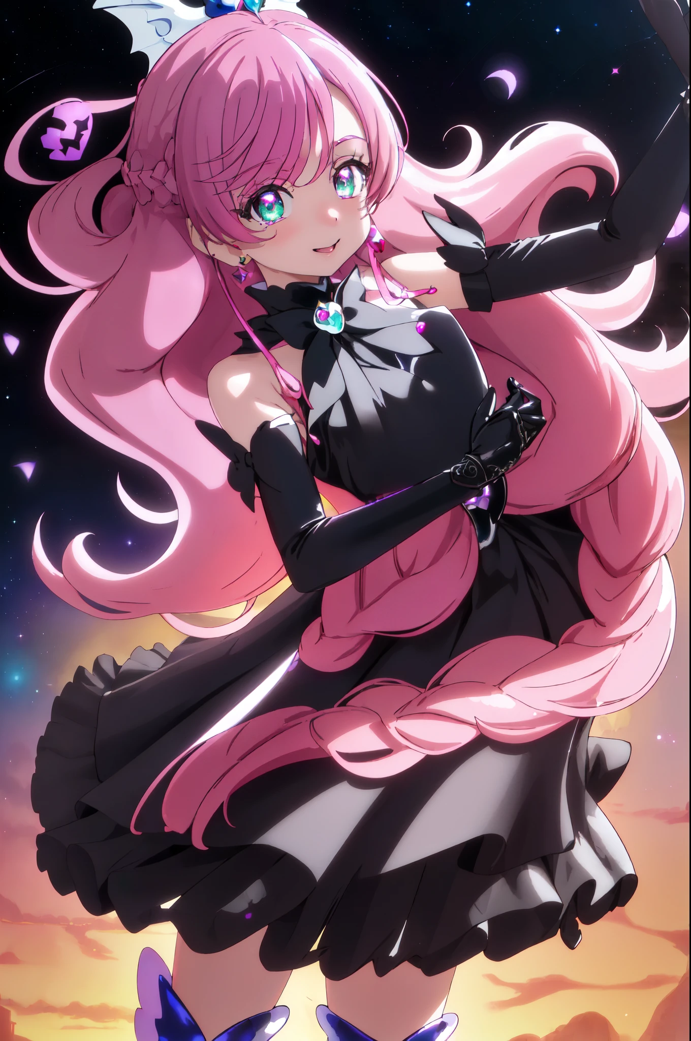 best quality, ultra detailed,1girl, solo, ((cure_prism_hirogaruskyprecure)), long hair, green eyes, pink hair, bow, bangs, black bow, 1girl, braid, gloves, holding, looking at viewer, black gloves, earrings, black skirt with frills, small breast, black enamel boots, open, mouth, cruelty looking at viewer, evil smirks, devilish smiles, (shiny fabric:1.5), full body shot, purple gem, seductive pose, blush, demon tail, (beautiful detailed eyes:1.6), extremely detailed face, perfect lighting, detailed shadows, extremely detailed CG, ((perfect hands, perfect anatomy)), red and black color scheme, shiny material, black ribbon, black satin gloves, (single bat wing on back), (holding dark energy ball), black frills, jewelry, corruption, latex shine, black gothic cloak, destroyed towns in the background, black rose ornament, purple mesh,