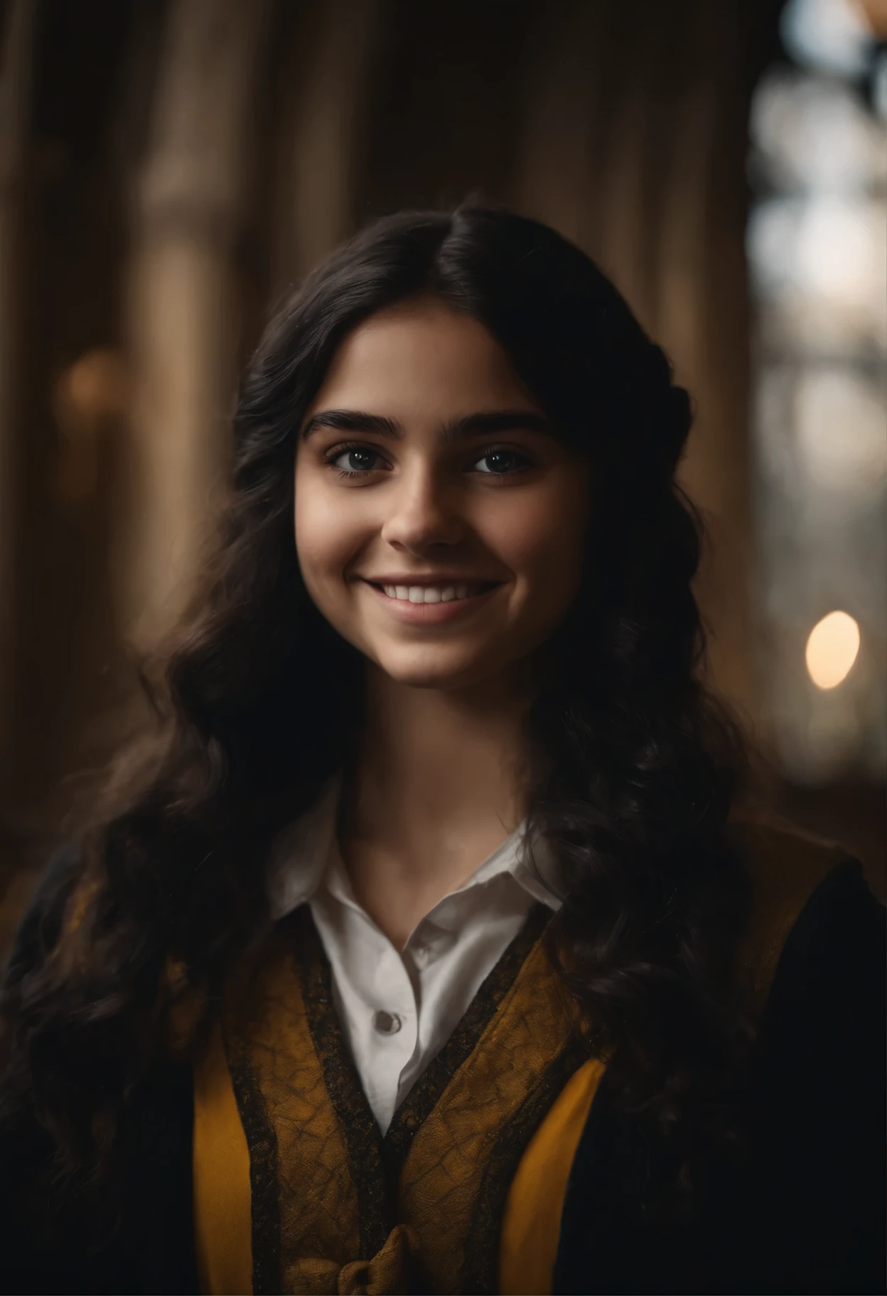 A teenage girl who goes to Hogwarts and becomes a Hufflepuff. The girl has wavy black hair, her eyes are brown, and she has a beautiful smile