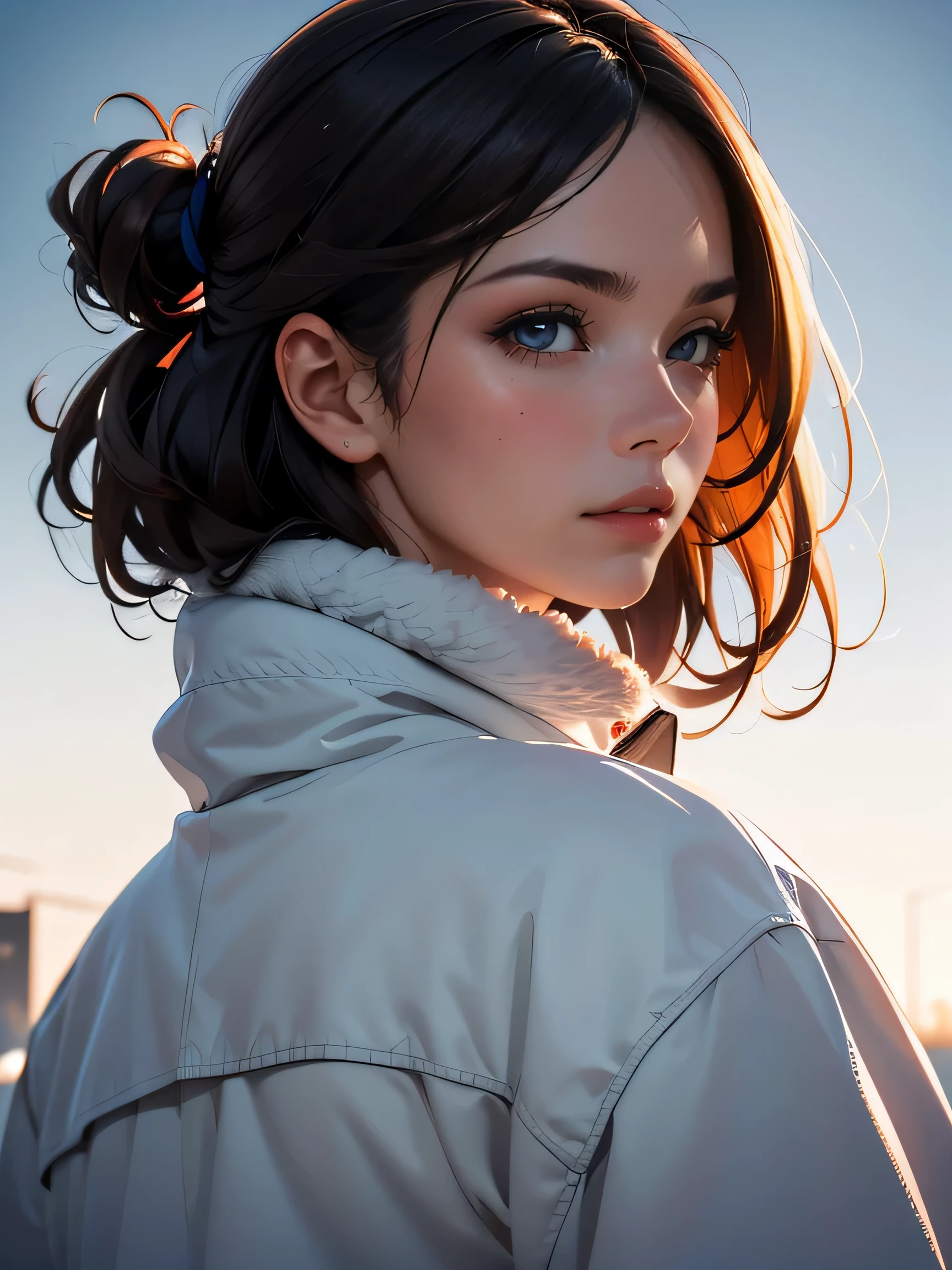 (((HD photo))), ultra high res.photorealistic:. 1.4, UHD, masterpiece, trending on artstation, side profile shot, close up, portrait, pretty, cute girl, most beautiful in the world, soft, delicate, long dark hair, winter coat, sunkissed, minimal background