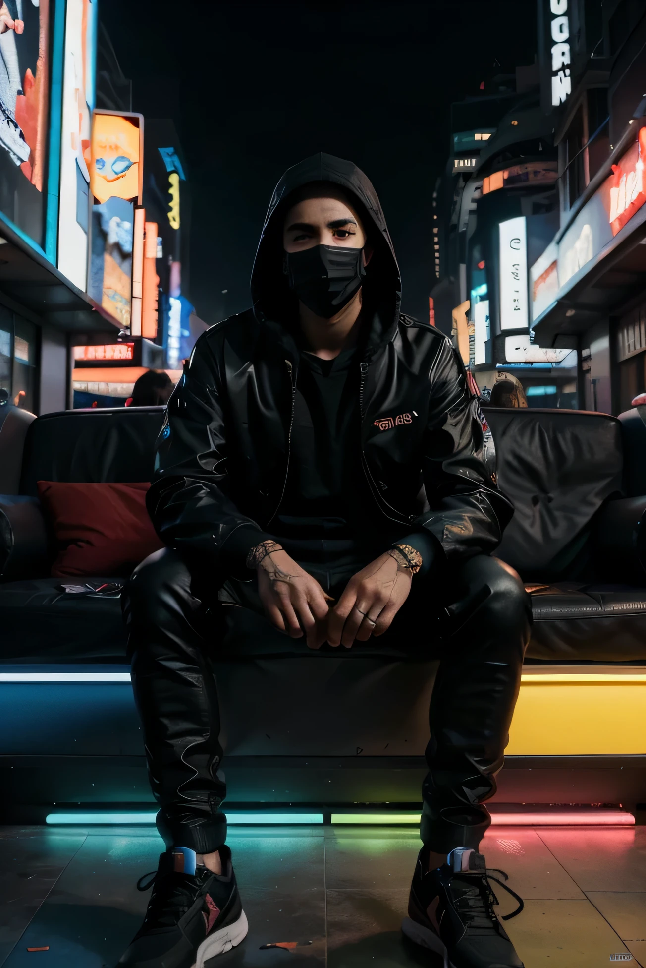 Best quality,4K,8K,A animated avatav for youtube Chanel. He looks depresed. He have got a black hoodie. He is sitting in a room in front of the computer. high resolution,Masterpiece:1.2),Ultra-detailed,(Realistic,Photorealistic,photo-realistic:1.37) Arcade, Neon lights, vintage vibes, Futuristic cyberpunk, Fantastic atmosphere Bright colors, vibrant paint palette, Contrasting tones Amazing building, Futuristic city landscape, towering skyscrapers, Holographic billboard Busy streets,, Illuminated buttons, immersive experience, Puzzling visuals Dream fog, Neon light, Particles floating in the air Synth-wave music, Energetic beats, Nostalgic tunes full of space excited, adrenaline rush, High score, Triumphal celebration. He has a black mask on his face. 