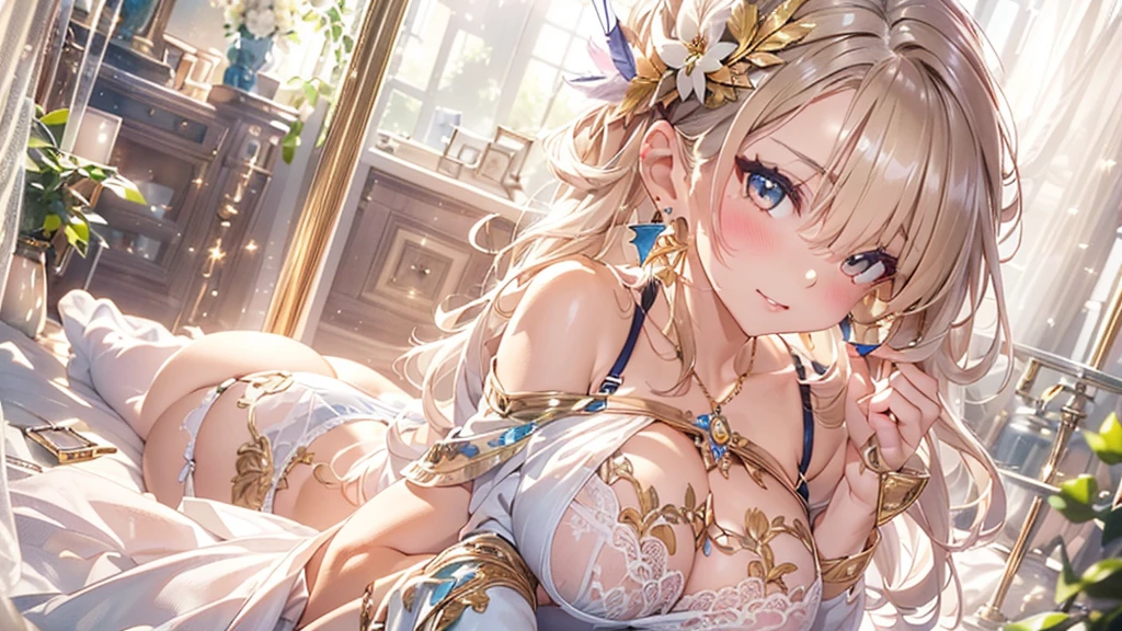 過去最高のmasterpiece、beautiful美しさ, 3D two-dimensional, rich, blonde, skirt, stockings, high heels, star、(Highly detailed CG Unity 8K wallpaper),(masterpiece), (最高quality), (Super detailed), (best work),(best shadow), (sharp eyeliner, eye shadow, fine eye:1.1), (超High resolution,realistic,最高quality,realistic),(8K,RAW photo,最高quality,star),mature woman、sensual curves、huge breasts、thighs、bubble、お尻のmasterpiece, 最高quality, Super detailed, full body shot, mature woman, beautiful mature woman, nightgown and underwear, enchanting smile, thick lips, Chubby lips, blush, looking at the viewer, provocative expression, beautifulhair型, cleavage, Plump、curvy hips、attractive face、sexy lingerie、an inviting gaze、Expression of emotions、Lewd underwear、(((erotic see-through lingerie set)))、Standing position、gorgeous accessories 、big breastsの女性, bare shoulders, 金色のhair, colored feather, metal ornaments, colored flowers, particle, light, (masterpiece, 最高quality, 最高quality, official art, beautiful and aesthetic:1.2), (1 girl:1.3), very detailed,(fractal art:1.1),(colorful:1.1)、(flowers:1.3),most detailed,(zentangle:1.2), (dynamic pose), (abstract background:1.3), (shiny skin), (lots of colors :1.4), ,(earrings:1.4), (feather:1.4),masterpiece, 最高quality, Super detailed, 30~40 years, full body shot, beautiful 、さまざまなhair型，gold headband，plump breasts，beautiful，greek clothing，Tulle covers the breasts，perfectly proportioned, detailed clothing details,marble，god statue，cinematic lighting, film grain, 8K, masterpiece, Super detailed, high detail, 高quality, High resolution,(((NSFW:1.2)))、exposed chest、Openwork decoration，(((see through dress)))、(((解剖学的に正しいbody))) , 最高quality, Super detailed, (((Lewd underwear)))、raise your butt, from below, (((R-18)))、thighs, big breasts, Are standing, cowboy shot, blush, (((1 girl))), (masterpiece:1.3), (High resolution), (8K), (very detailed), perfect face, Nice eye and face, (((最高quality))), (Super detailed), detailed face and eye, (alone), beautifuleye,(((sexy pose)))、(((整ったbig breasts)))、((beautiful eye))、luxury、(((超High resolution)))、(((detailed description)))、(((ぽっちゃりbody型)))、(((解剖学的構造に一致したbodyの部位)))、beautiful長いまつ毛、バランスのとれたbody型,2 feet、Just the right size for your legs and arms、Fishnet tights、glamorous、(((Clear white and black eye)))、lipstick、Sparkling、(Undistorted face, eye, body)、jewelry、gem、(長くカールしたbeautifulまつ毛)、(((バランス良いbeautiful胸)))、(transparent, Exquisite skin:1.2)、(((完璧なglamorousボディー)))、actress face、Super beautiful、Cute smile、Healing beauty、Flower shower、完璧なeye、realistic depiction、Super sexy、glossy、Glamorous、double eyelids、Good dark makeup、makeup、ぼやけていないeye , expensive_quality, expensive_solve, masterpiece*I wore, whitespace, colorful, 1 girl, alone, white_hair, prism hair, [pink|green] eye, gradient eye, multicolored eye, shine eye, shine, Sparkling, shine white particles, wind lift, full_body, Severe,