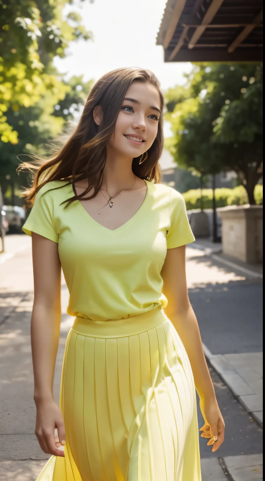 Foto hiperrealista en primer plano de Willa Fitzgerald, masterpiece, best quality, (photorealistic:1.4), full body, (green yellow yellow v-neck t-shirt:1.2), (light green maxi maxi skirt:1.1), collage campus, sunny day, cinematic light, beautiful woman, skinny, small breasts, straight brown hair, detailed face, smile, photo taken from a distance, age 20 tears old