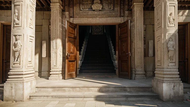 realistic portrait, a wide staircase with an open entrance without doors, the background is a wall of a temple building with many wall reliefs, high resolution, real picture, photography. temple building real from Indonesian