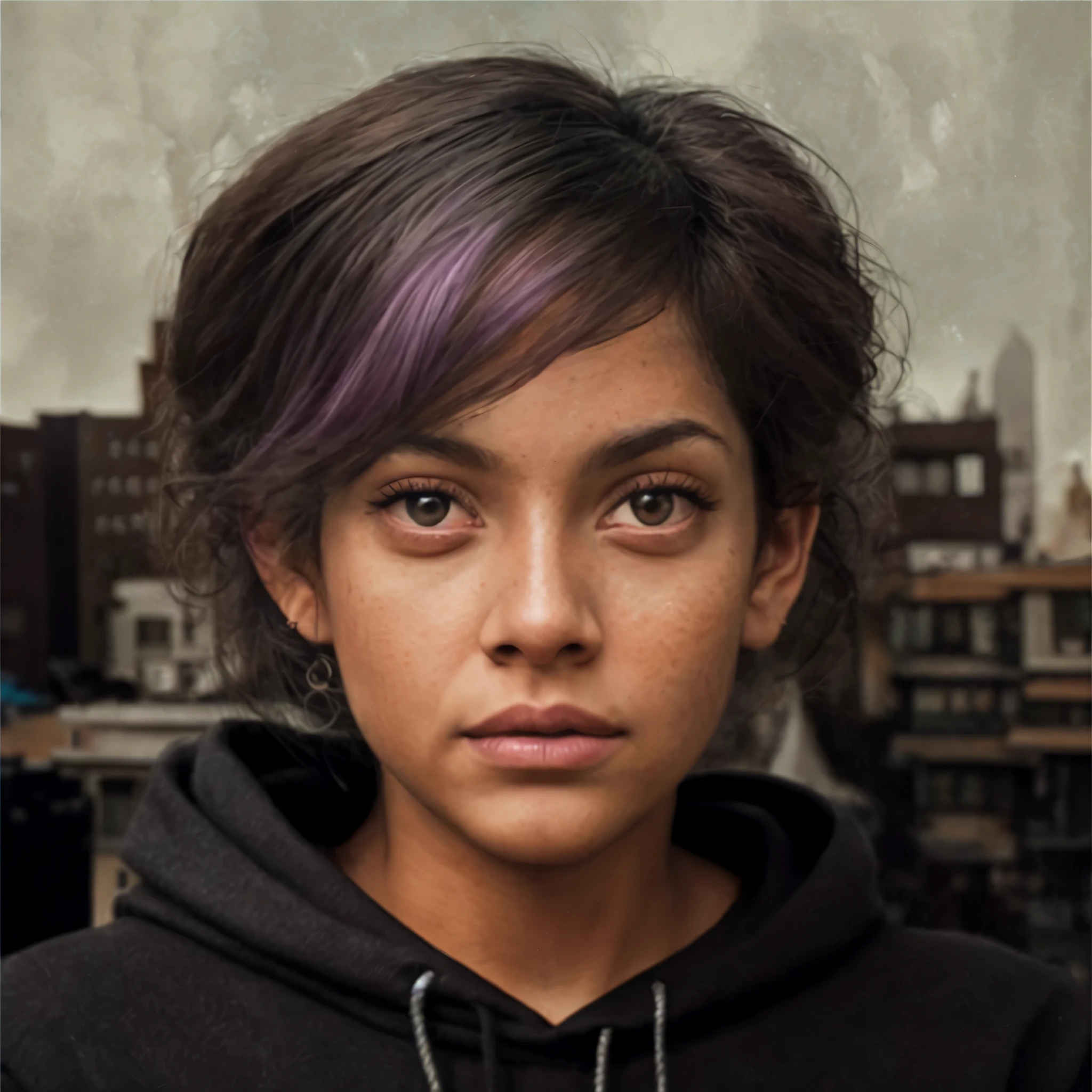 Araffed girl with purple hair and black hoodie, ultra realistic portrait, portrait shot with matte painting, Realistic Portrait Photo, very detailed visual portrait, Severe portrait, A Dramatic Work of Art, cinematic realistic portrait, color portrait, The Art of Realism, Hyper-realistic digital art, Ultra-realistic digital art, Ultra-realistic digital art, real portrait, Hyper-realistic digital art