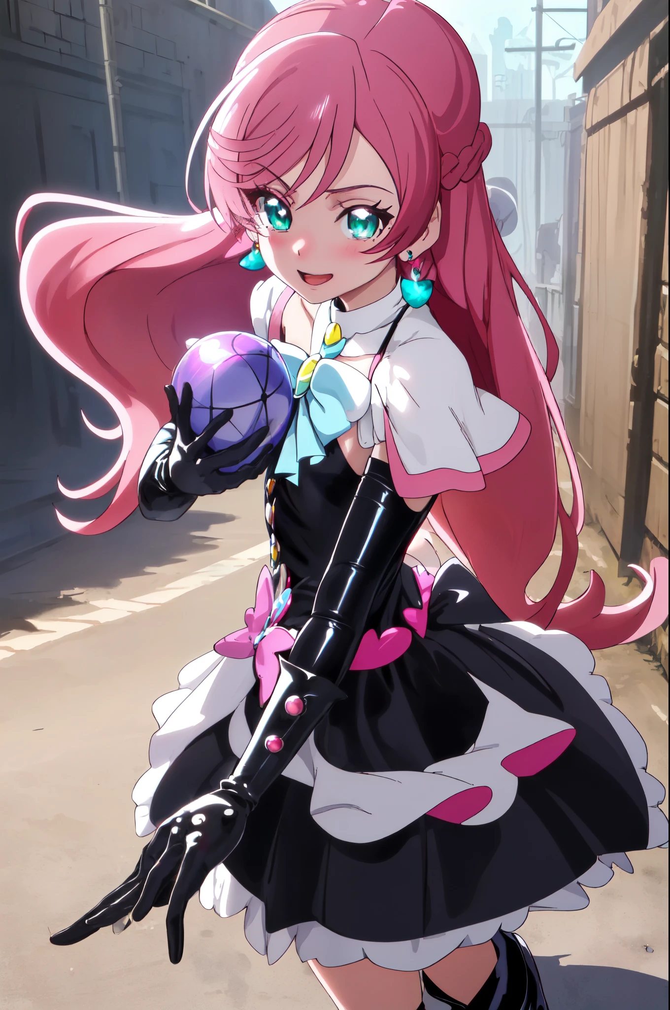 best quality, ultra detailed,1girl, solo, ((cure_prism_hirogaruskyprecure)), long hair, green eyes, pink hair, bow, bangs, black bow, 1girl, braid, gloves, holding, looking at viewer, black gloves, earrings, black skirt with frills, small breast, black enamel boots, open, mouth, cruelty looking at viewer, evil smirks, devilish smiles, (shiny fabric:1.5), full body shot, purple gem, seductive pose, blush, demon tail, (beautiful detailed eyes:1.6), extremely detailed face, perfect lighting, detailed shadows, extremely detailed CG, ((perfect hands, perfect anatomy)), red and black color scheme, shiny material, black ribbon, black satin gloves, (single bat wing on back), (holding dark energy ball), black frills, jewelry, corruption, latex shine, black gothic cloak, destroyed towns background, ruined towns background,