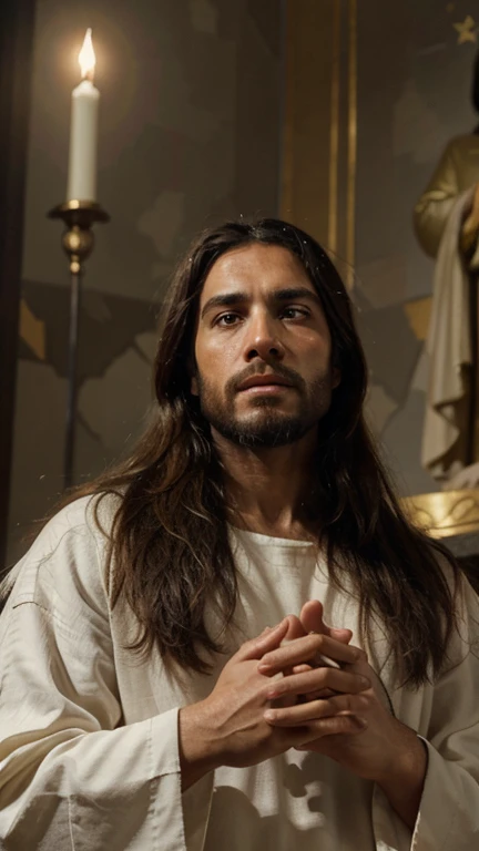 Generate a high-definition image of Jesus Christ in a respectful and inspiring style, com detalhes realistas. The scene may include symbolic elements associated with the religious figure, como a coroa de espinhos, a celestial background or elements that evoke compassion and love. Ensure representation is sensitive and appropriate, respecting religious beliefs.