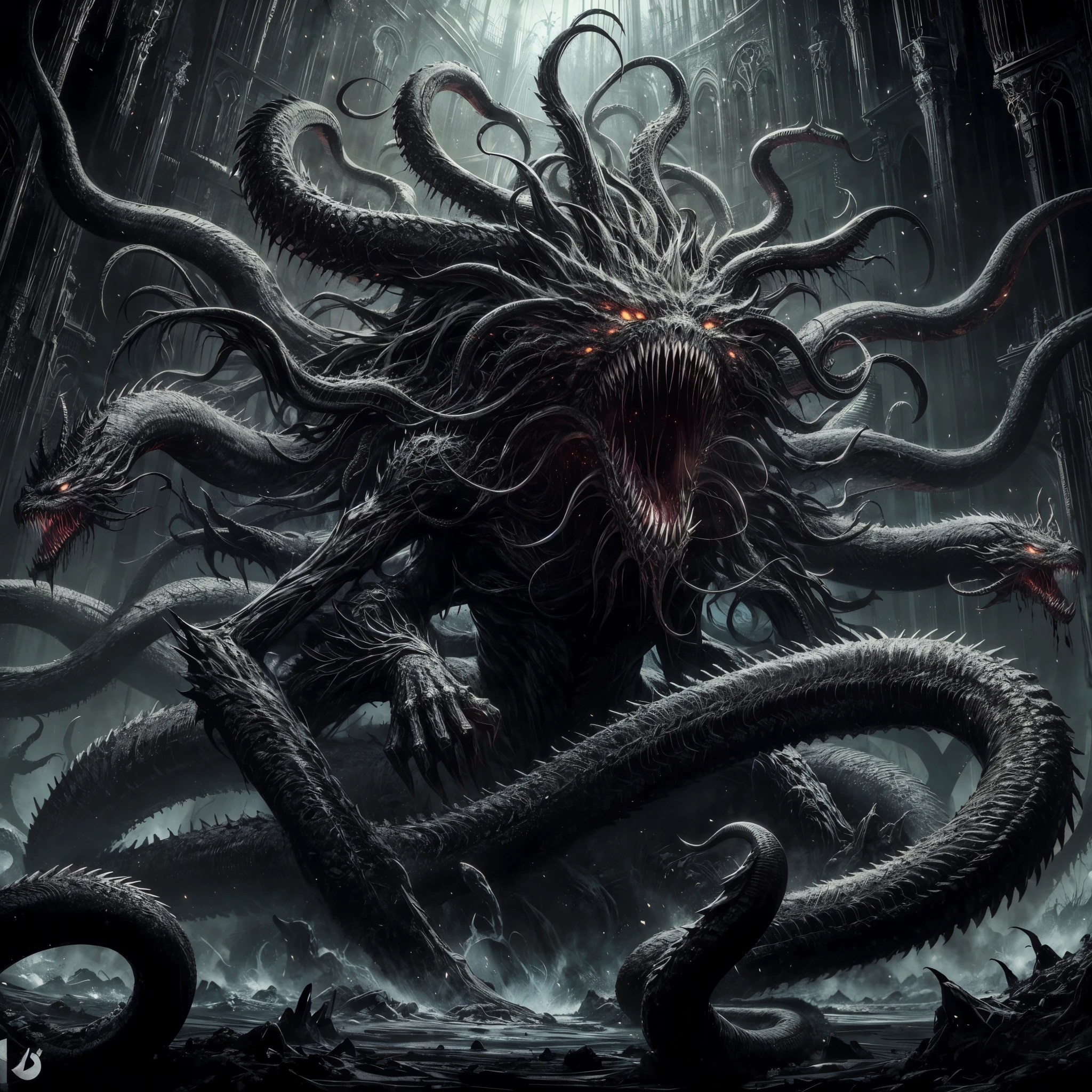 A black and white photo of a giant monster with tentacles - SeaArt AI