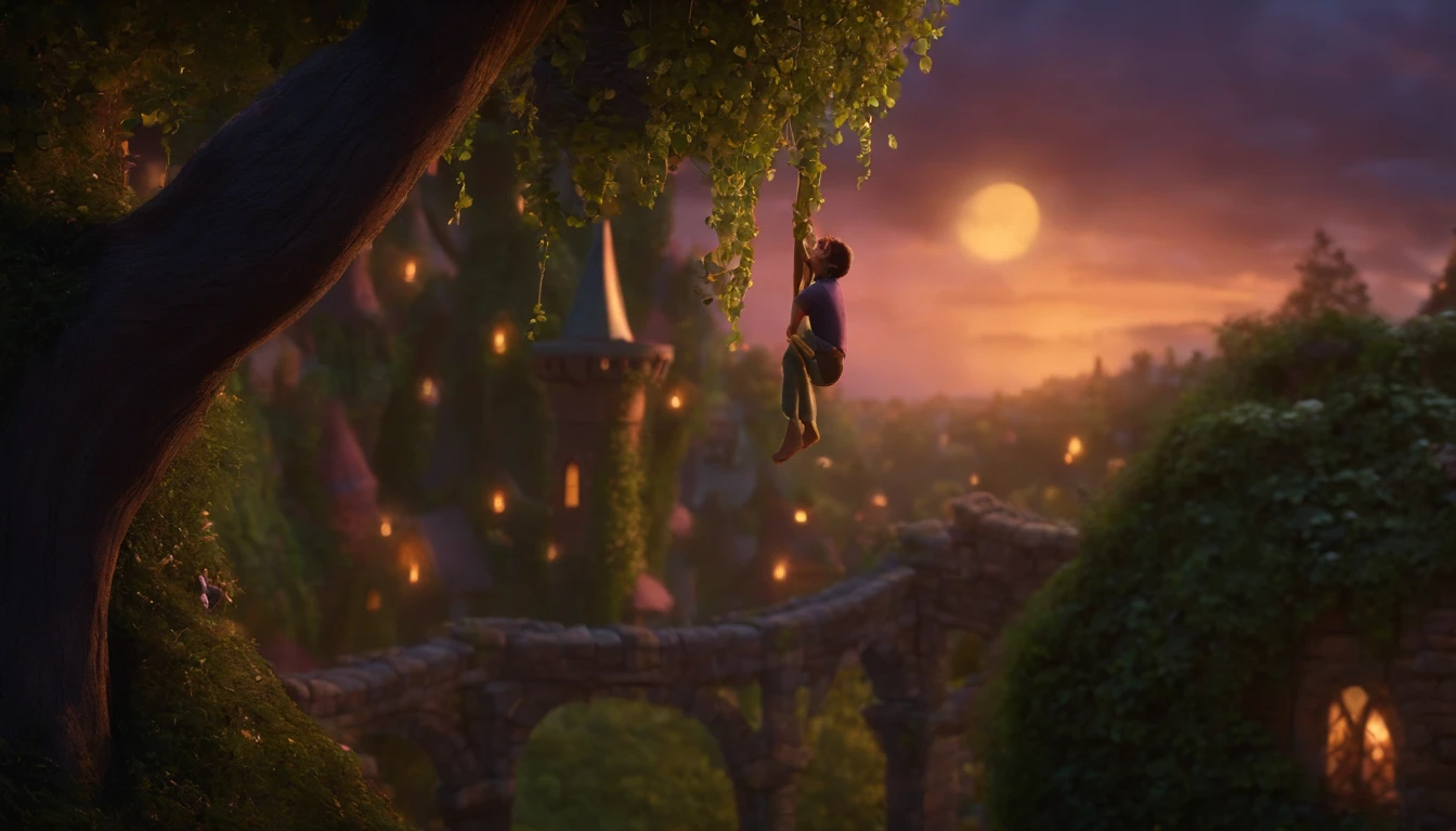 Create a scene for a story in a YouTube video in Pixar format, a man around 30 years old, rapunzel father climbing the wall of the witch's garden at night, with a worried expression on his face as he picks the plant.