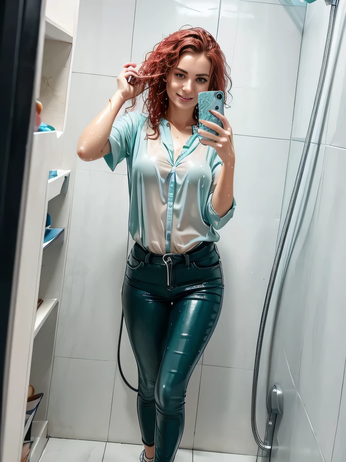 ((woman taking a shower in very tight low cut mint green work blouse and black skinny jeans and white high heel shoes)), (((taking a selfie with her phone))), (((wet hair))), soaking wet, SoakingWetClothes, ((standing under the shower head)), (((show shoes))), inviting smile, water pouring through clothes, ((NSFW)), nipples showing through wet blouse, cleavage showing, ((short curly red hair)), blue eyes