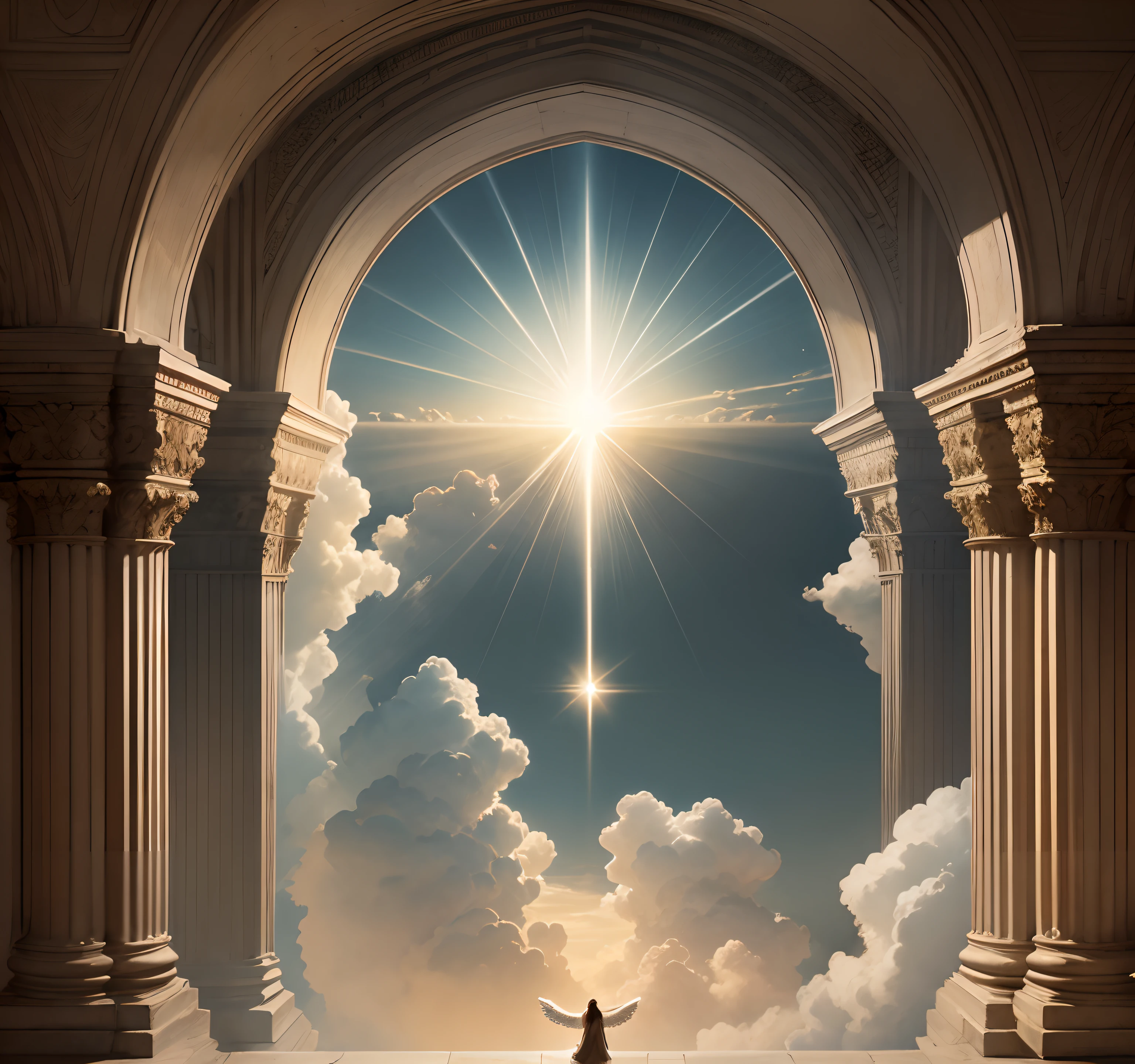 "Descreve um ambiente celestial com anjos e luz divina".