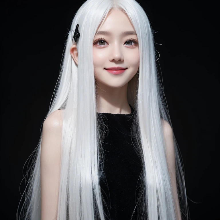 long white hair,black dress,Vertical pupils,loli,Smile,whole body,individual,petite,Exquisite,Beautiful and clear facial features