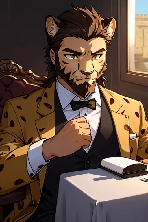 Cheetah-human, male, younger, beard, cheetah face, cheetah head, hair, formal clothes, non-human