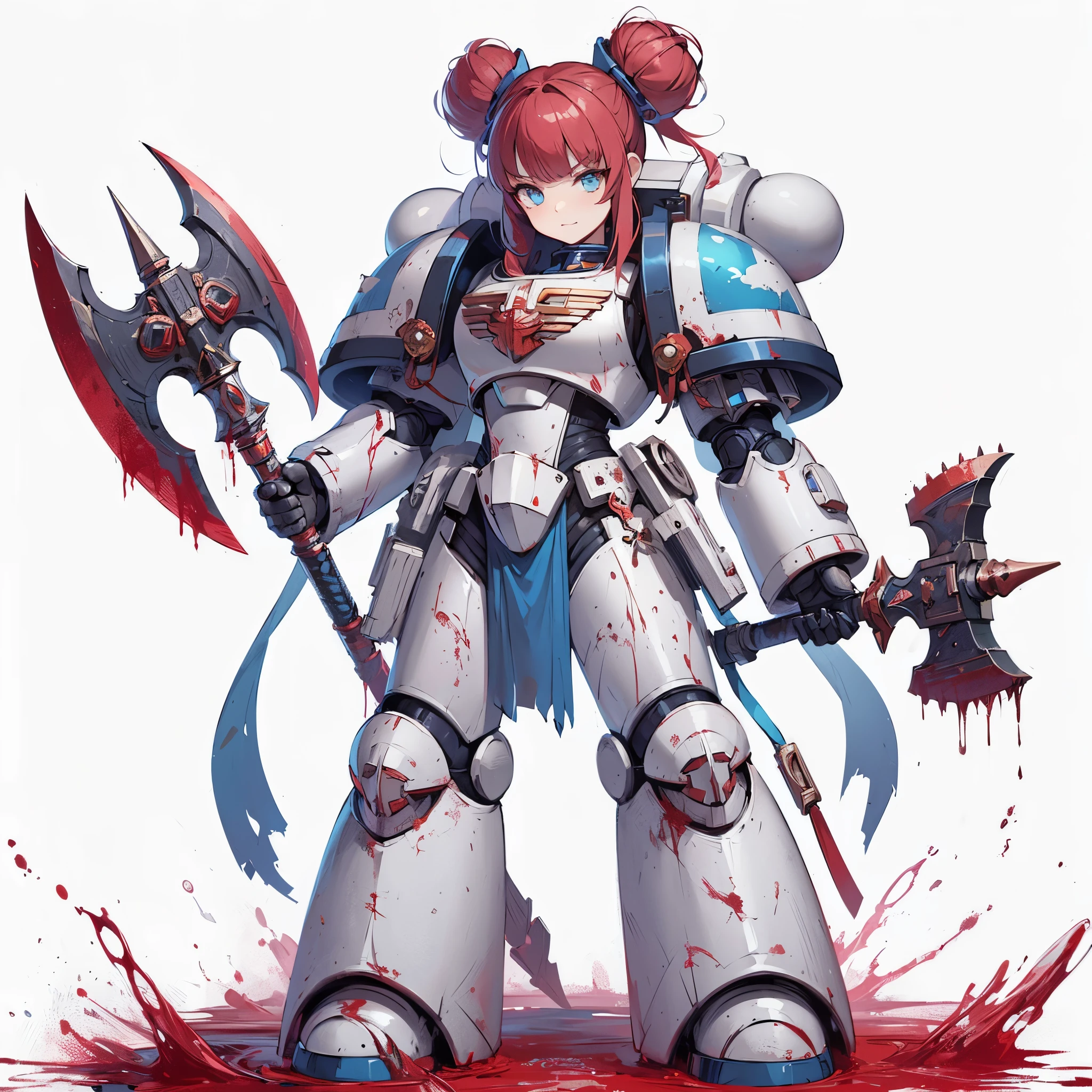 Masterpiece, best quality, ultra-detailed, anime style, solo, full body of space marine girl, white and blue power armor, red topknot hairstyle, held a serrated twin axe in each hand, standing on blood ground, Warhammer 40K, 8k high resolution, trending art station, white background, whole body,