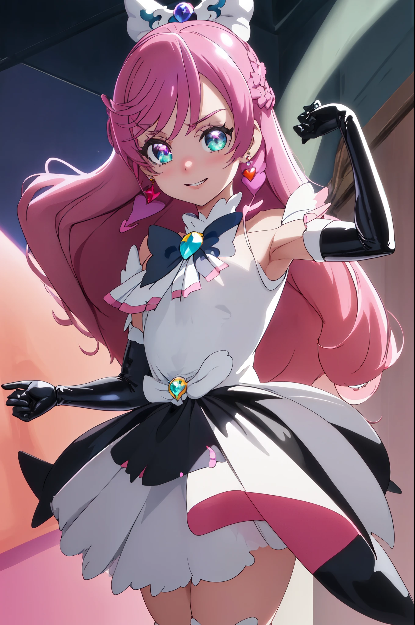 best quality, ultra detailed,1girl, solo, ((cure_prism_hirogaruskyprecure)), long hair, green eyes, pink hair, bangs, black bow, 1girl, braid, looking at viewer, earrings, black skirt with frills, small breast, black enamel boots, open, mouth, cruelty looking at viewer, evil smirks, devilish smiles, (shiny fabric:1.5), full body shot, purple gem, seductive pose, blush, (beautiful detailed eyes:1.6), extremely detailed face, perfect lighting, detailed shadows, extremely detailed CG, ((perfect hands, perfect anatomy)), red and black color scheme, shiny material, black ribbon, black satin gloves, (single bat wing on back), (holding dark energy ball), (black frills), jewelry, (corruption), latex shine, black gothic cloak, destroyed towns background, ruined towns background,