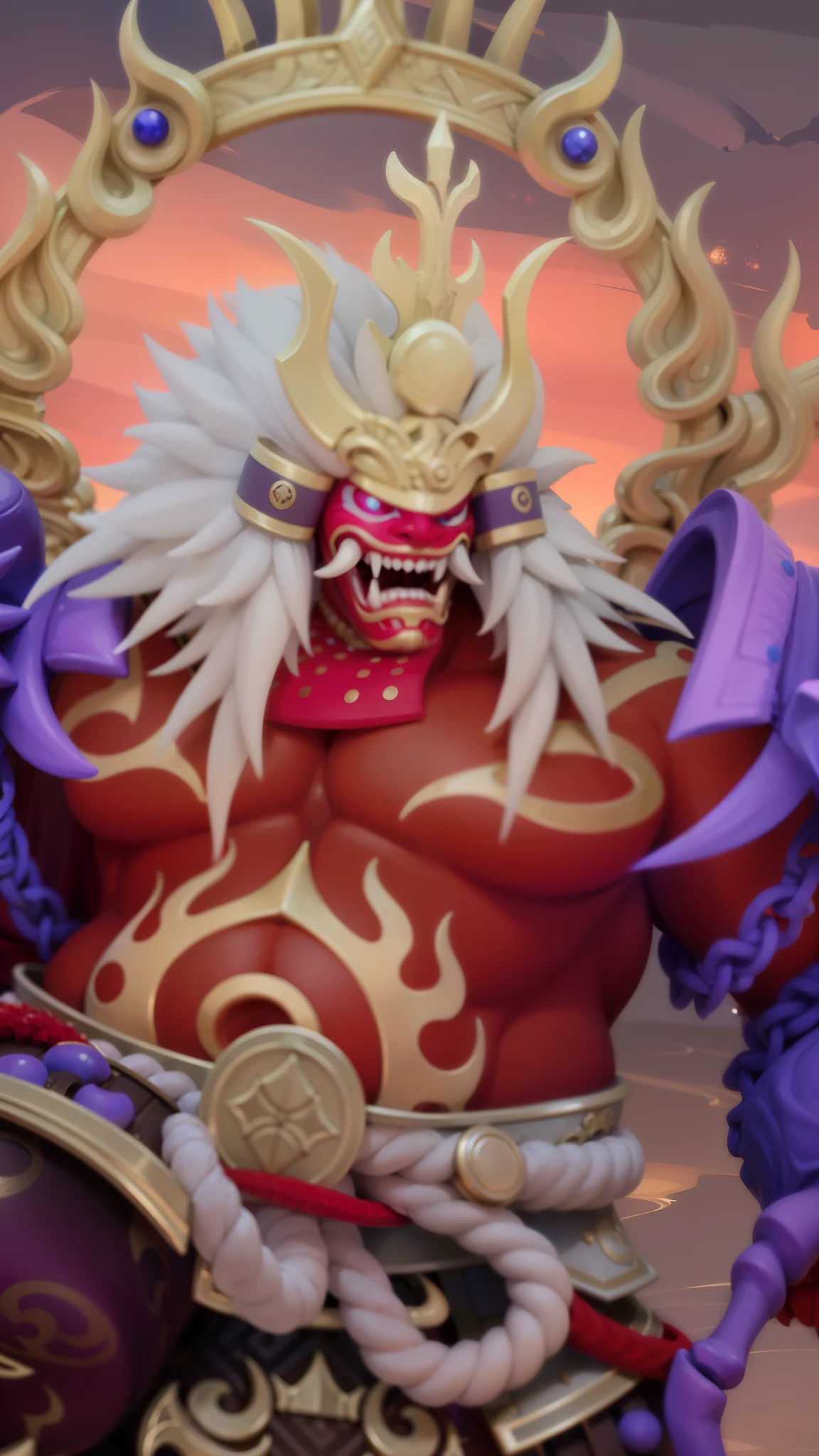 masculine male, masterpiece, ((perfect eyes)) best quality, (semirealism:1.9), beautiful lighting, (extremely detailed CG unity 4k fhd wallpaper), High Detail, Sharp focus, dramatic outdoors,40 years old, brown short hair, blue eyes, smile, Boy with two big horns, big earrings on ears, elf ear, red eyes, Thick eyebrows, evil smile, grinning,red body, red face, Burning skin, yellow diamonds glistening on chest, burning red skin,golden robe behind, big white belt , 8k , realistic, scary.