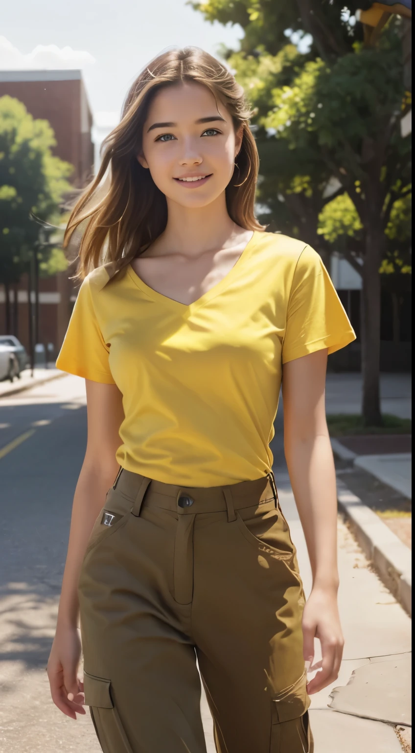 Foto hiperrealista en primer plano de Willa Fitzgerald, masterpiece, best quality, (photorealistic:1.4), full body, (yellow v-neck t-shirt:1.2), (light brown light brown tactical pants:1.1), collage campus, sunny day, cinematic light, beautiful woman, skinny, small breasts, straight brown hair, detailed face, smile, photo taken from a distance, age 20 tears old