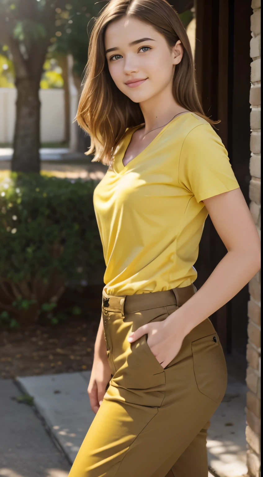 Foto hiperrealista en primer plano de Willa Fitzgerald, masterpiece, best quality, (photorealistic:1.4), full body, (yellow v-neck t-shirt:1.2), (light brown light brown tactical pants:1.1), collage campus, sunny day, cinematic light, beautiful woman, skinny, small breasts, straight brown hair, detailed face, smile, photo taken from a distance, age 20 tears old