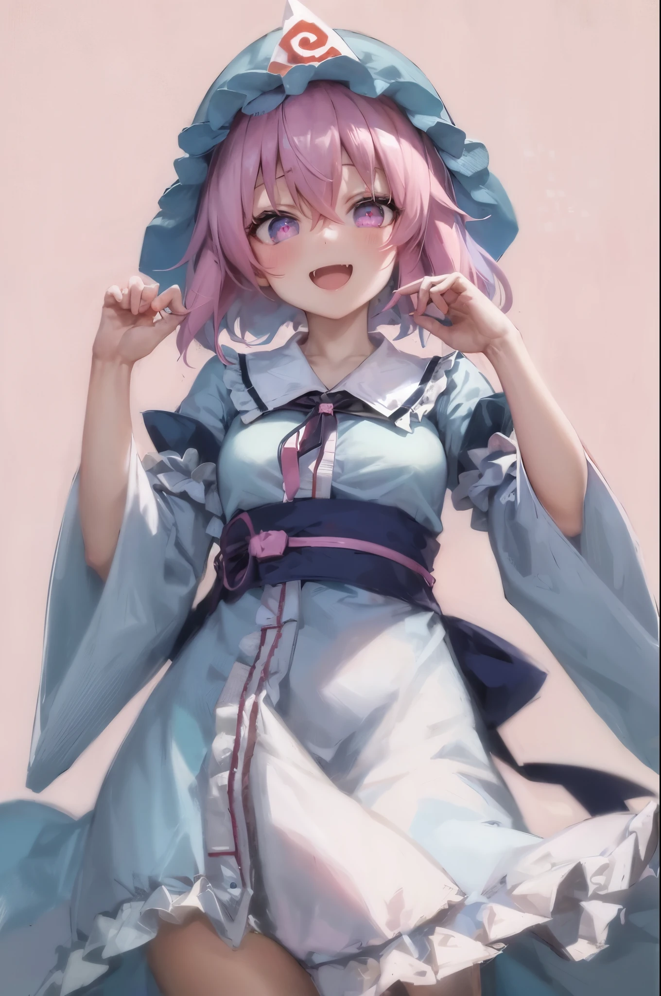 ((best quality)), ((masterpiece)), rating:safe, hat, 1girl, solo, smile, open_mouth, white_headwear, mob_cap, eyebrows_visible_through_hair, fang, saigyouji_yuyuko, pink_hair, bangs, upper_body, :d, frills, blush, blue_background, looking_at_viewer, hair_between_eyes, wide_sleeves, triangular_headpiece, short_hair, pink_eyes, sleeves_past_fingers, long_sleeves