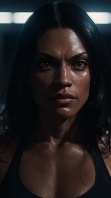 8k portrait of Rosario Dawson muscle, gym clothes, intricate, 35 years, gym background, full body, looking at the camera, elegant, (black eyes), highly detailed, majestic, digital photography, art by artgerm and ruan jia and greg rutkowski, broken glass around (masterpiece, side lighting, beautiful finely detailed eyes: 1.2 ), hdr