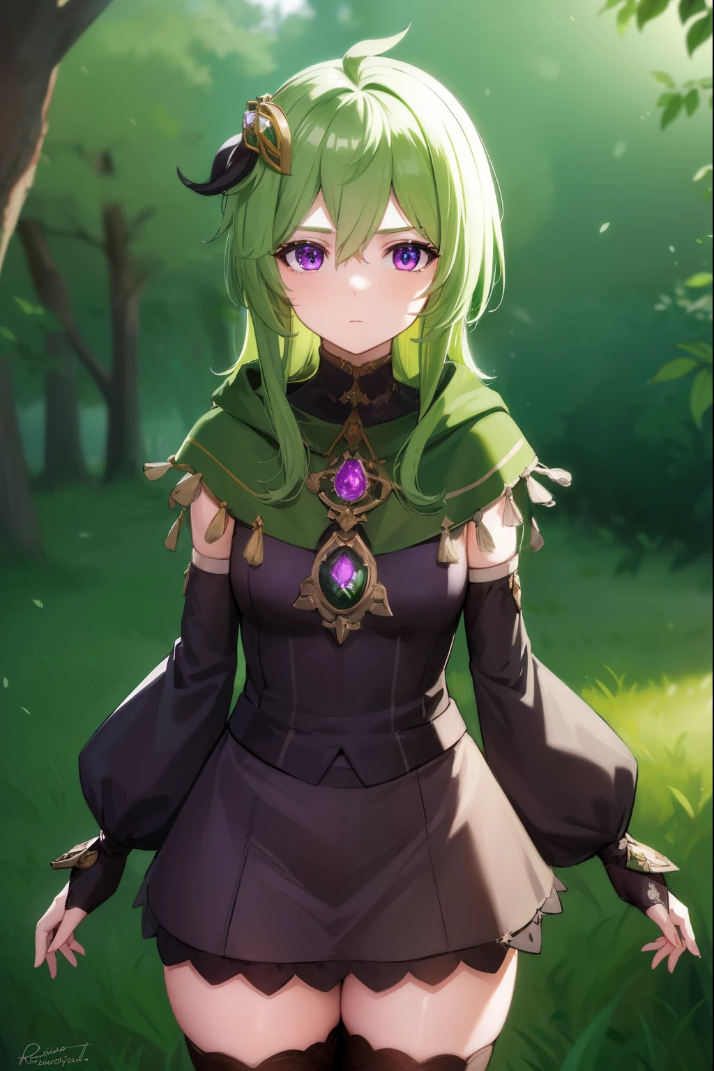 collei, collei, crossed bangs, green hair, hair ornament, medium hair, (purple eyes:1.1), sidelocks,
BREAK black gloves, black skirt, black straps, bridal gauntlets, brown thighhighs, capelet, detached sleeves, gem, gloves, green capelet, green gemstone, jewelry, long sleeves, puffy long sleeves, puffy sleeves, shirt, skirt, sleeveless, sleeveless shirt, thighhighs, zettai ryouiki
BREAK outdoors, nature, forest,
BREAK looking at viewer, (cowboy shot:1.5),
BREAK (masterpiece:1.2), best quality, high resolution, unity 8k wallpaper, (illustration:0.8), (beautiful detailed eyes:1.6), extremely detailed face, perfect lighting, extremely detailed CG, (perfect hands, perfect anatomy),