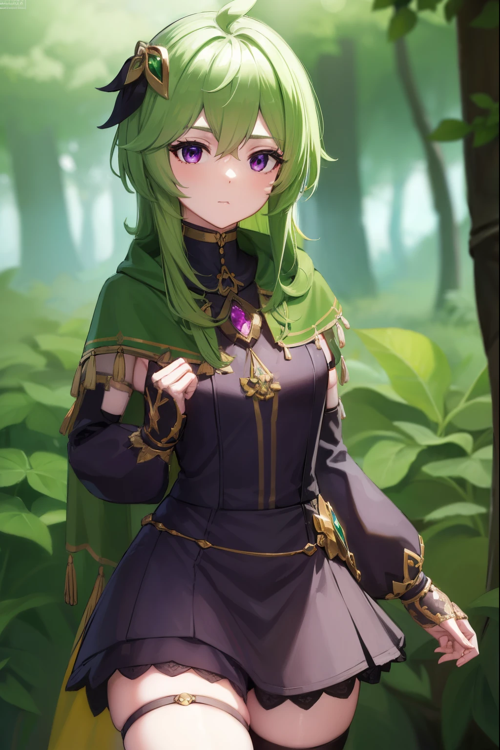collei, collei, crossed bangs, green hair, hair ornament, medium hair, (purple eyes:1.1), sidelocks,
BREAK black gloves, black skirt, black straps, bridal gauntlets, brown thighhighs, capelet, detached sleeves, gem, gloves, green capelet, green gemstone, jewelry, long sleeves, puffy long sleeves, puffy sleeves, shirt, skirt, sleeveless, sleeveless shirt, thighhighs, zettai ryouiki
BREAK outdoors, nature, forest,
BREAK looking at viewer, (cowboy shot:1.5),
BREAK (masterpiece:1.2), best quality, high resolution, unity 8k wallpaper, (illustration:0.8), (beautiful detailed eyes:1.6), extremely detailed face, perfect lighting, extremely detailed CG, (perfect hands, perfect anatomy),