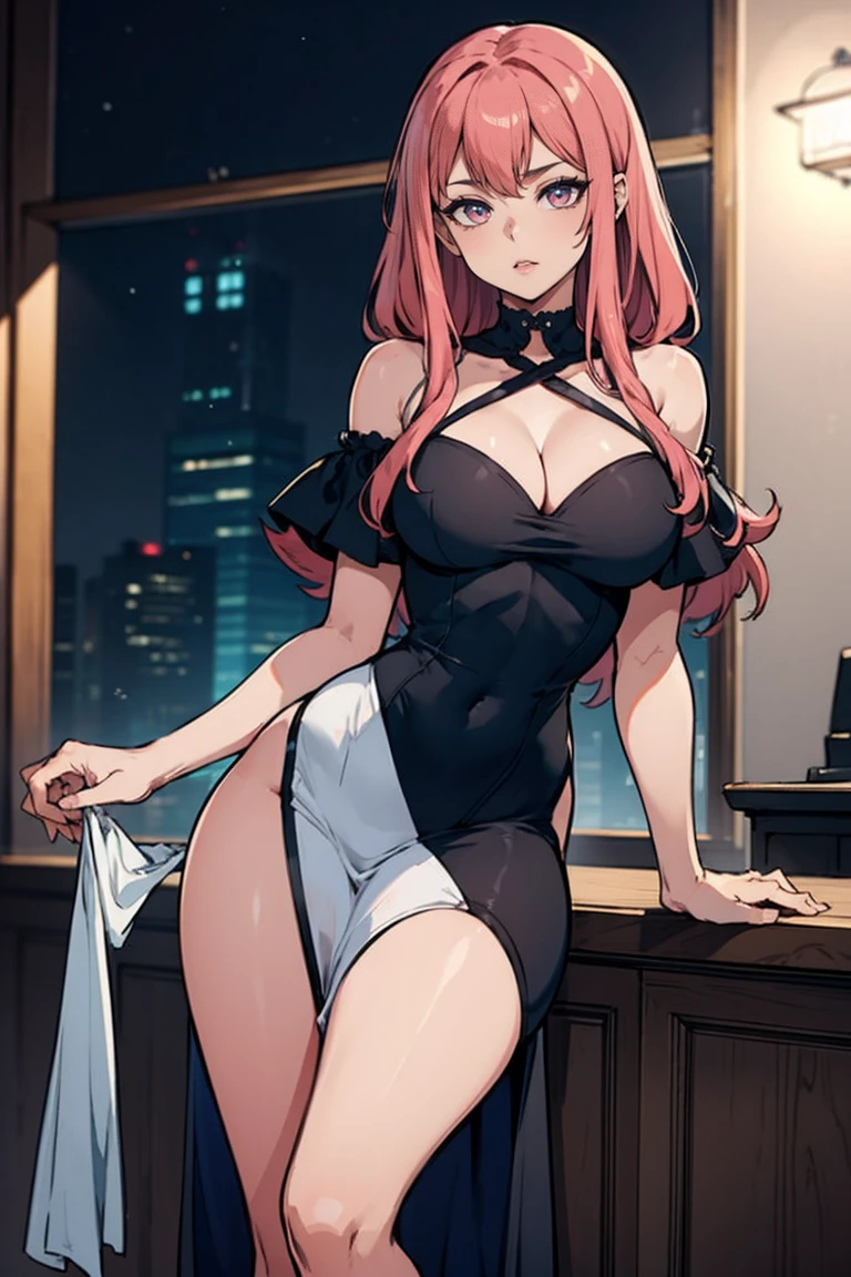 (Obra-prima 8k, melhor qualidade:1.2) mPuiY, posando para fotos em um teatro, usando um vestido de coquetel preto curto e justo, Grande decote, head tilted back, Looking at the camera, long flowing pink hair, inventar, batom, bolsa clutch dourada, saltos dourados, luz baixa, vestido cintilante, grandes olhos lindos, Seios grandes e bonitos