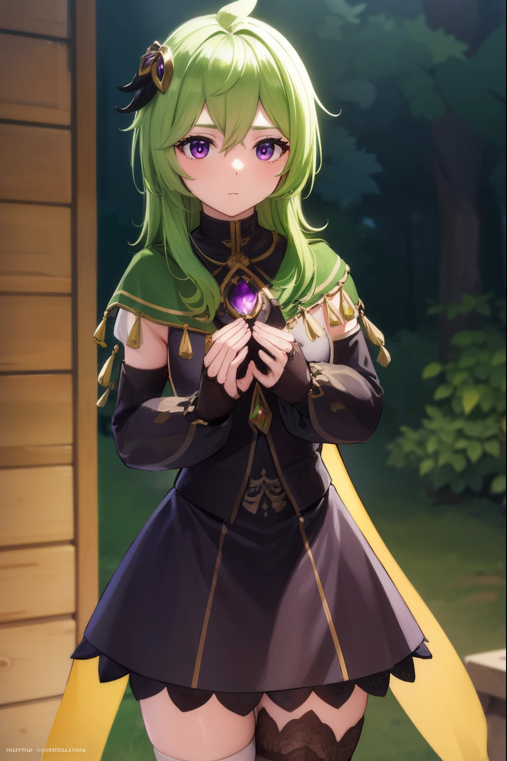 collei, collei, crossed bangs, green hair, hair ornament, medium hair, (purple eyes:1.1), sidelocks,
BREAK black gloves, black skirt, black straps, bridal gauntlets, brown thighhighs, capelet, detached sleeves, gem, gloves, green capelet, green gemstone, jewelry, long sleeves, puffy long sleeves, puffy sleeves, shirt, skirt, sleeveless, sleeveless shirt, thighhighs, zettai ryouiki
BREAK outdoors, nature, forest,
BREAK looking at viewer, (cowboy shot:1.5),
BREAK (masterpiece:1.2), best quality, high resolution, unity 8k wallpaper, (illustration:0.8), (beautiful detailed eyes:1.6), extremely detailed face, perfect lighting, extremely detailed CG, (perfect hands, perfect anatomy),