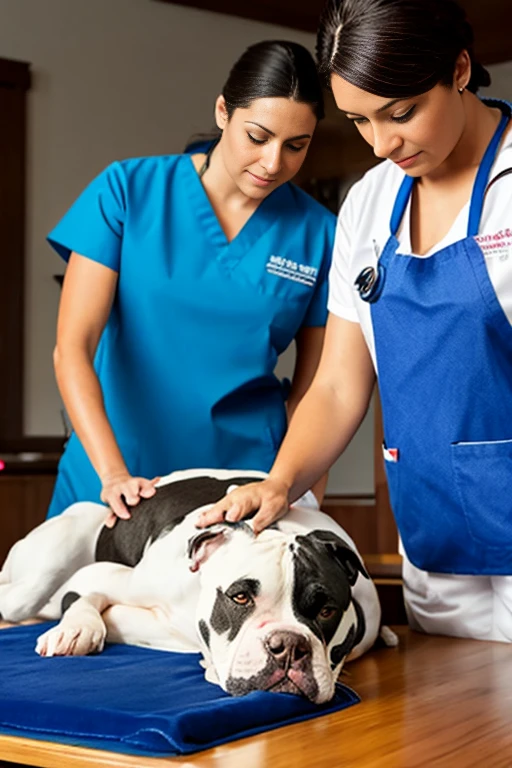 American Bulldog dog with a red bandana around its neck is lying on a veterinary table Receiving a massage treatment from a female western nurse specializing in dog health setting canine veterinary clinic.