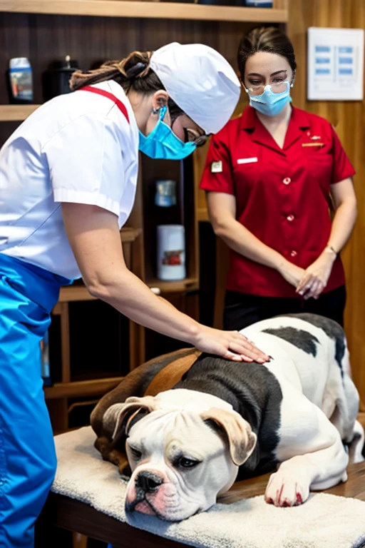 American Bulldog dog with a red bandana around its neck is lying on a veterinary table Receiving a massage treatment from a female western nurse specializing in dog health setting canine veterinary clinic.