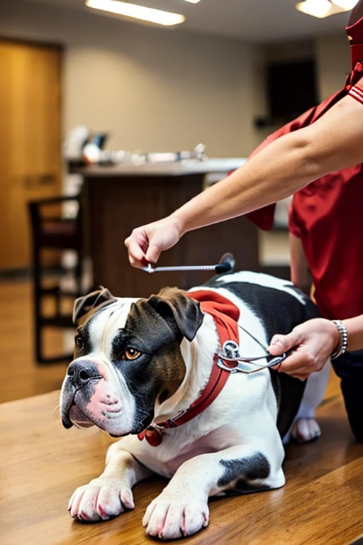  American Bulldog dog with a red bandana around its neck is lying on a veterinary table Receiving a massage treatment from a female western nurse specializing in dog health setting canine veterinary clinic.

