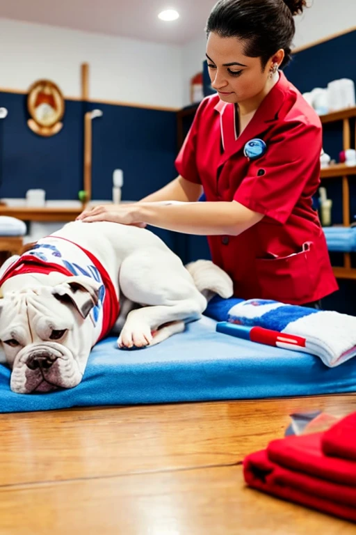 American Bulldog dog with a red bandana around its neck is lying on a veterinary table Receiving a massage treatment from a female western nurse specializing in dog health setting canine veterinary clinic.