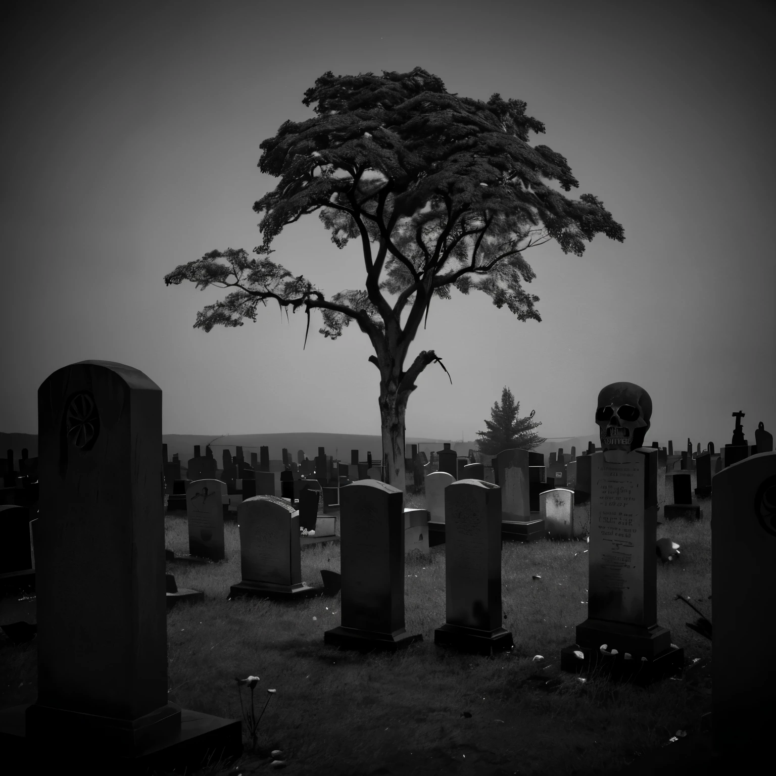 Monochrome image of a haunting graveyard, greyscale palette adding to the somber atmosphere. Skeletons adorn each grave, their bones starkly contrasting against the moonlit sky. Their hollow eye sockets seem to follow onlookers, while their desiccated hands clutched withered roses. The grave markers, worn with age, add to the sense of nostalgia and decay. The stillness of the scene is broken only by the eerie fluttering of moth wings and the distant howling of wolves. Each skeleton radiates a palpable sense of melancholy and finality. The gray sky above reflects the quiet desolation of the graveyard,