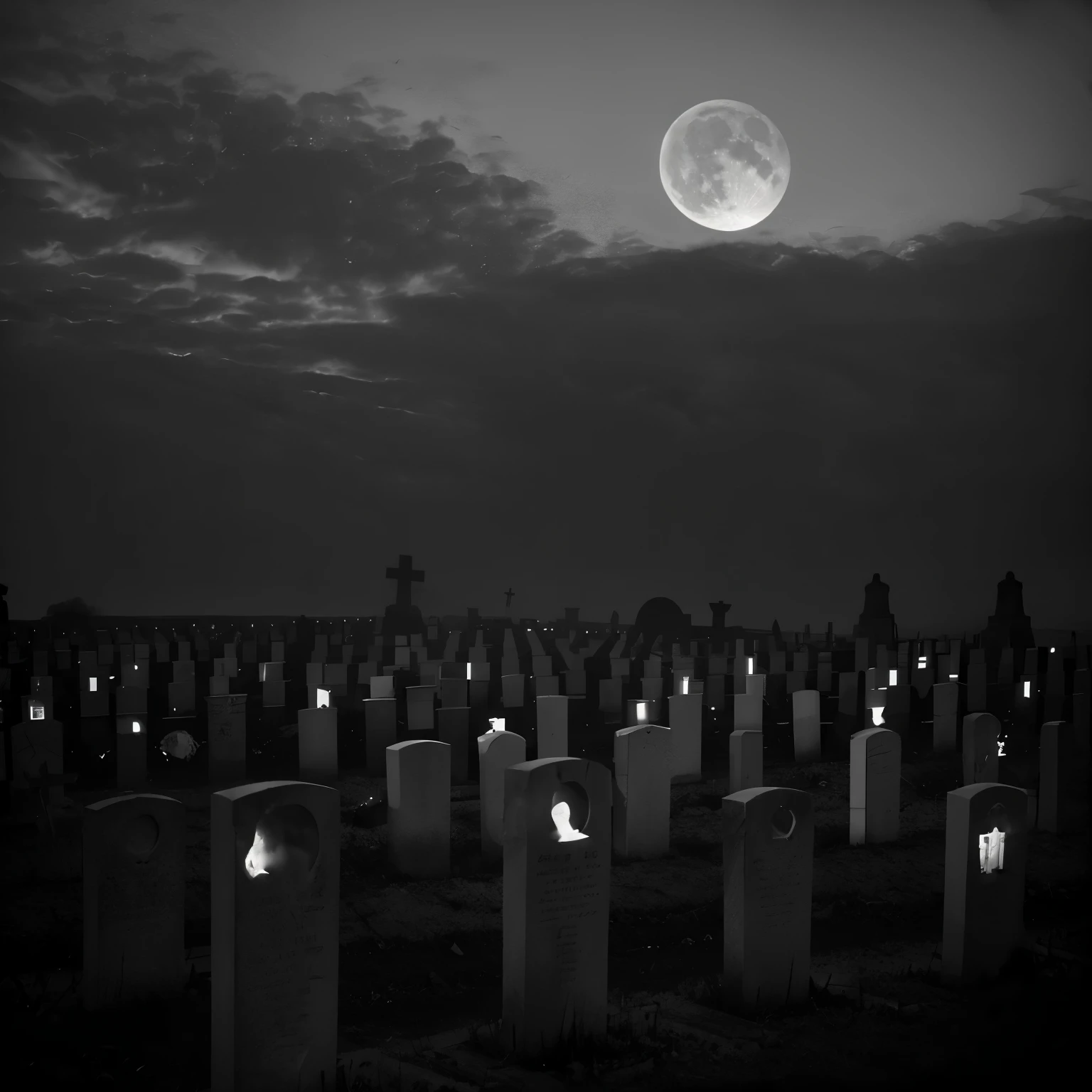 Monochrome image of a haunting graveyard, greyscale palette adding to the somber atmosphere. Skeletons adorn each grave, their bones starkly contrasting against the moonlit sky. Their hollow eye sockets seem to follow onlookers, while their desiccated hands clutched withered roses. The grave markers, worn with age, add to the sense of nostalgia and decay. The stillness of the scene is broken only by the eerie fluttering of moth wings and the distant howling of wolves. Each skeleton radiates a palpable sense of melancholy and finality. The gray sky above reflects the quiet desolation of the graveyard,