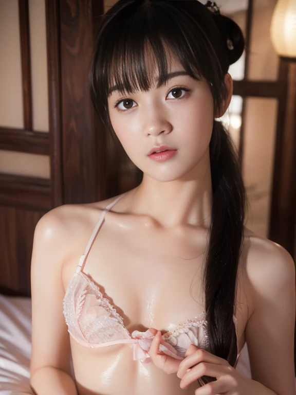 (Real: 1.4), (Masterpiece, Sidelights, Fine Beautiful Eyes: 1.2), Masterpiece*Portrait、、、、, Realistic, 3D Face, Glistening Eyes, Glossy Hair, Skin Falling Out, Solo、、、、, Embarrassing, (Epigastric), Sexy Underwear, Ponytail Hair, Bun, (Princess), small and firm breast