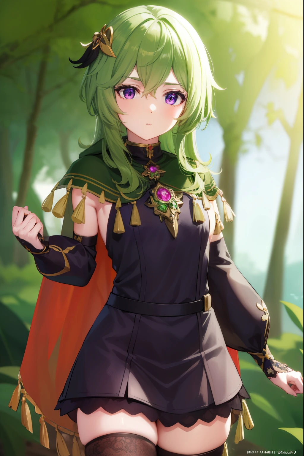 collei, collei, crossed bangs, green hair, hair ornament, medium hair, (purple eyes:1.1), sidelocks,
BREAK black gloves, black skirt, black straps, bridal gauntlets, brown thighhighs, capelet, detached sleeves, gem, gloves, green capelet, green gemstone, jewelry, long sleeves, puffy long sleeves, puffy sleeves, shirt, skirt, sleeveless, sleeveless shirt, thighhighs, zettai ryouiki
BREAK outdoors, nature, forest,
BREAK looking at viewer, (cowboy shot:1.5),
BREAK (masterpiece:1.2), best quality, high resolution, unity 8k wallpaper, (illustration:0.8), (beautiful detailed eyes:1.6), extremely detailed face, perfect lighting, extremely detailed CG, (perfect hands, perfect anatomy),