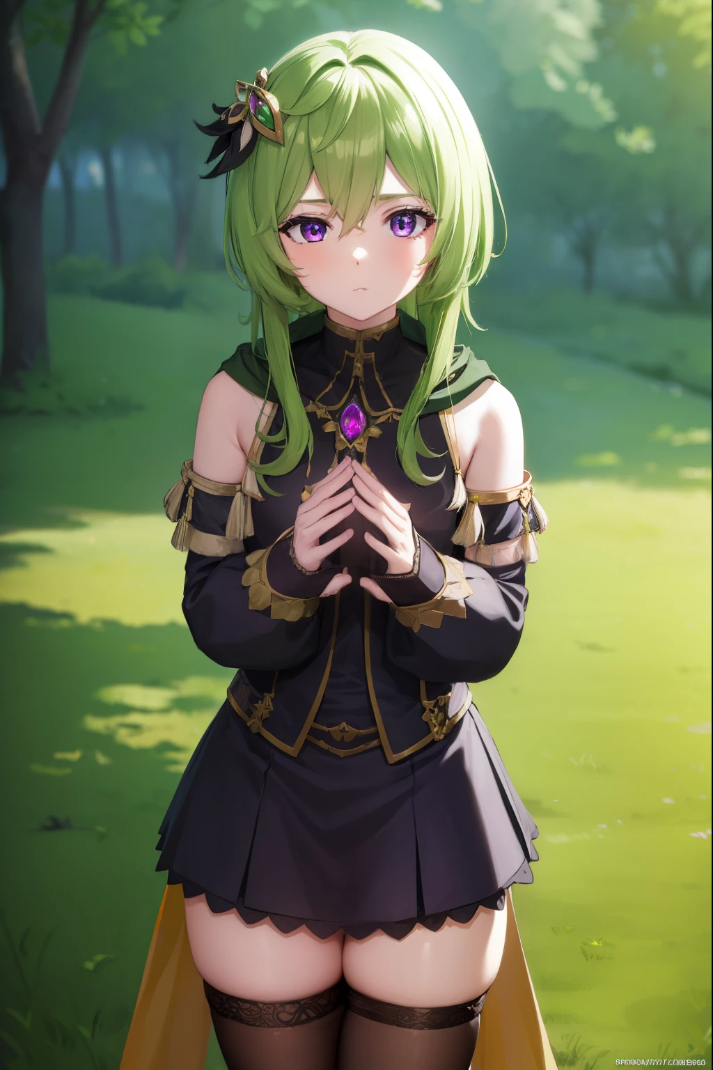 collei, collei, crossed bangs, green hair, hair ornament, medium hair, (purple eyes:1.1), sidelocks,
BREAK black gloves, black skirt, black straps, bridal gauntlets, brown thighhighs, capelet, detached sleeves, gem, gloves, green capelet, green gemstone, jewelry, long sleeves, puffy long sleeves, puffy sleeves, shirt, skirt, sleeveless, sleeveless shirt, thighhighs, zettai ryouiki
BREAK outdoors, nature, forest,
BREAK looking at viewer, (cowboy shot:1.5),
BREAK (masterpiece:1.2), best quality, high resolution, unity 8k wallpaper, (illustration:0.8), (beautiful detailed eyes:1.6), extremely detailed face, perfect lighting, extremely detailed CG, (perfect hands, perfect anatomy),