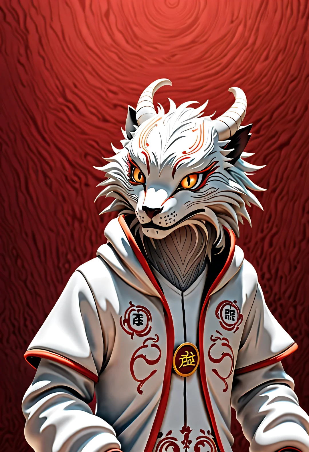 3d rendering, realistic fur, red wallpaper, Simple modern style, beautiful wallpaper, Super skinny naughty red and orange zodiac dragon baby dances playfully, frontal portrait, (There are many clear and symmetrical dragon whiskers: 0.65), (looking at camera), Beijing, 🦑 design, Wearing a monogrammed embroidered hoodie "AI" printed on it: 1.37, Background with red embroidered coin texture, Viewed from an elevation angle, lower to up shoot,