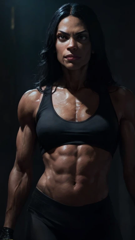 8k portrait of Rosario Dawson muscle, veins everywhere, gym clothes, intricate, 35 years, gym background, full body, looking at the camera, elegant, (black eyes), highly detailed, majestic, digital photography, art by artgerm and ruan jia and greg rutkowski, broken glass around (masterpiece, side lighting, beautiful finely detailed eyes: 1.2 ), hdr