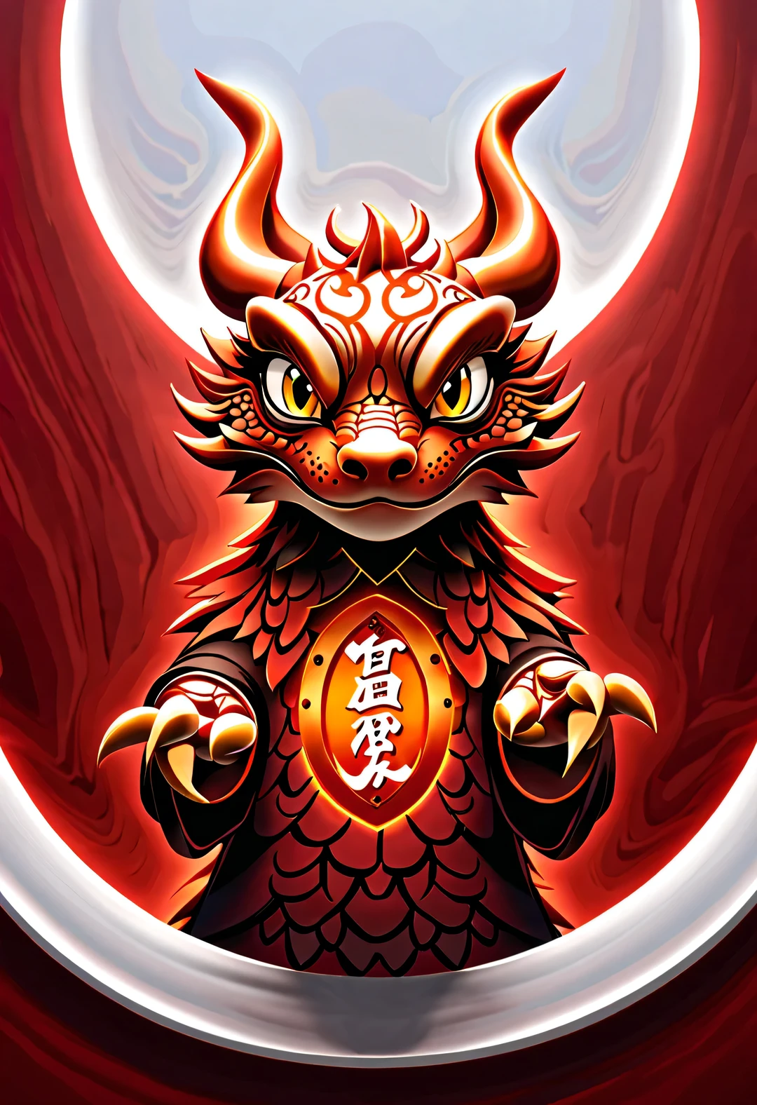 3d rendering, realistic fur, red wallpaper, Simple modern style, beautiful wallpaper, Super skinny naughty red and orange zodiac dragon baby dances playfully, frontal portrait, (There are many clear and symmetrical dragon whiskers: 0.65), (looking at camera), Beijing, 🦑   design, Wearing a monogrammed embroidered hoodie "AI" printed on it: 1.37, Background with red embroidered coin texture, Viewed from an elevation angle, lower to up shoot,