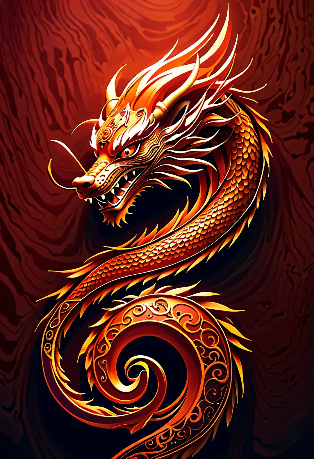 3d rendering, realistic fur, red wallpaper, Simple modern style, beautiful wallpaper, Super skinny naughty red and orange zodiac dragon baby dances playfully, frontal portrait, (There are many clear and symmetrical dragon whiskers: 0.65), (looking at camera), Beijing, 🦑   design, Wearing a monogrammed embroidered hoodie "AI" printed on it: 1.37, Background with red embroidered auspicious cloud texture, Viewed from an elevation angle, lower to up shoot,